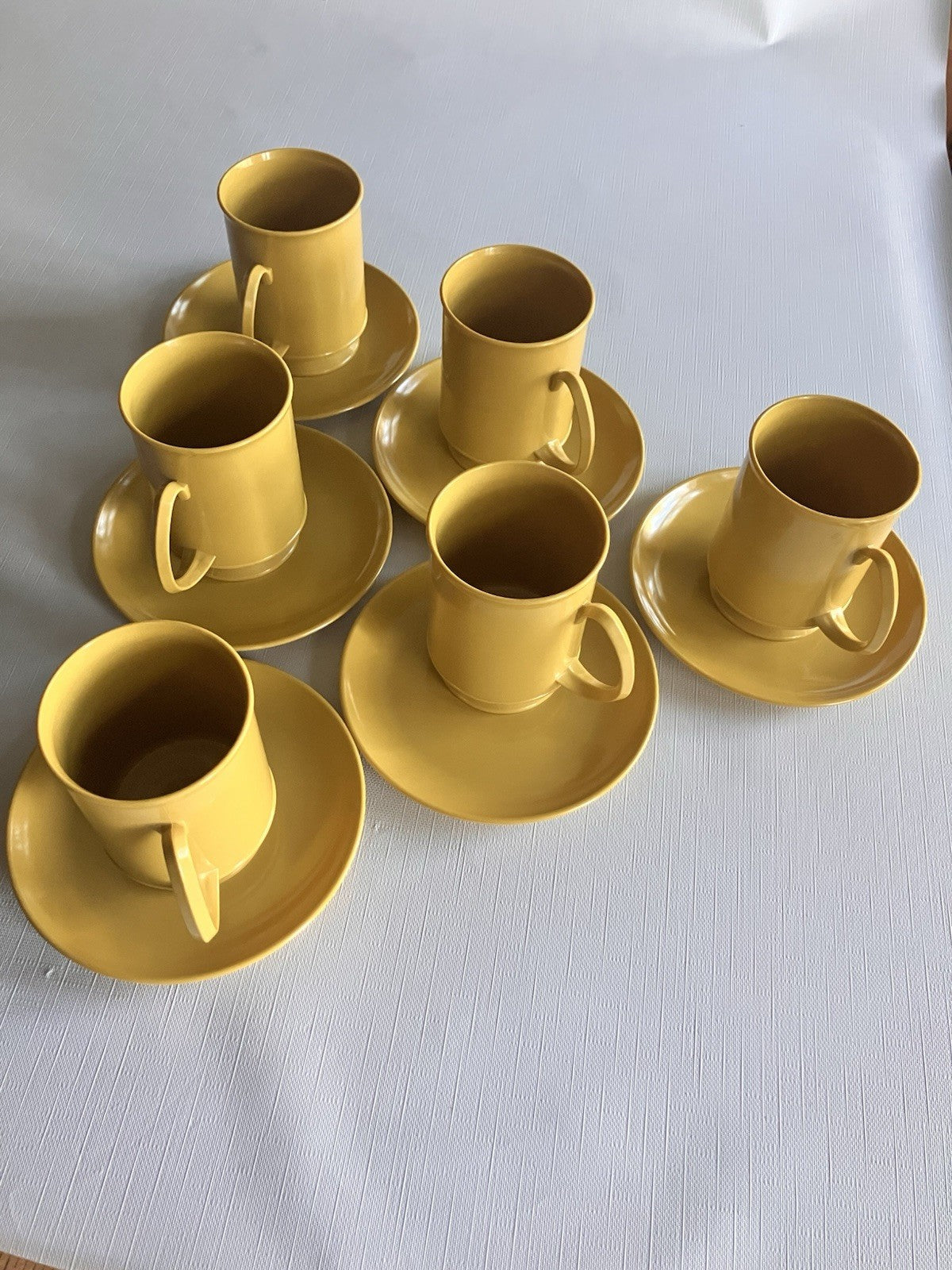 Vintage Mustard Colored Melamine Footed Tall Mugs & Dessert Plates, EVC Set Of 6