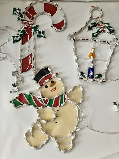 2000s Holiday Light Window Display Lot Of 3.  Work! Snowman, Cane, Lantern 18”