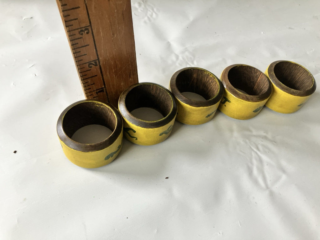 Vintage Wooden Hand Painted Yellow and Floral Napkin 5 Rings 