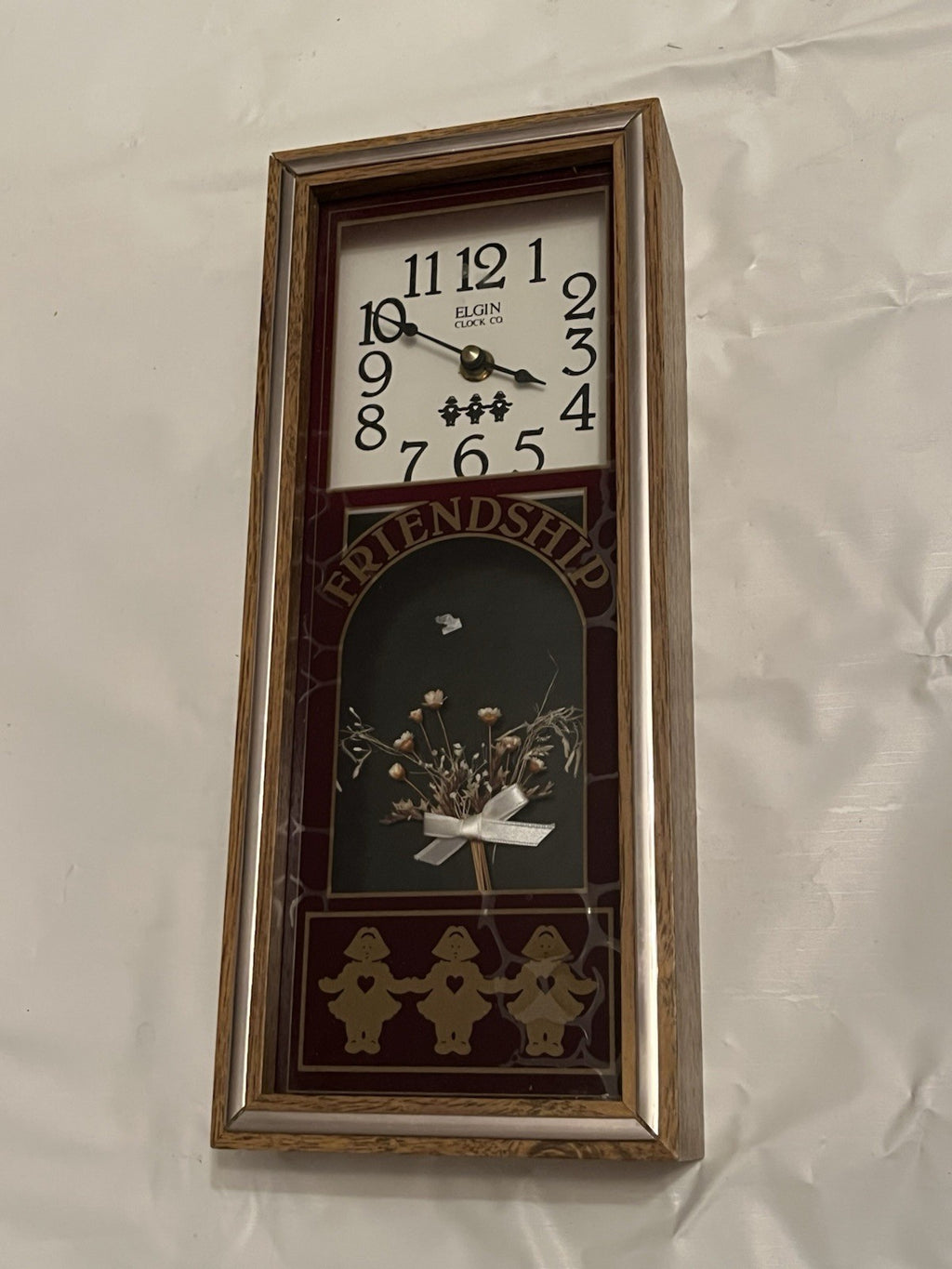 Elgin "Friendship" Shadow Box Wall Clock W/ Faux Flowers And Dutch Girl Details