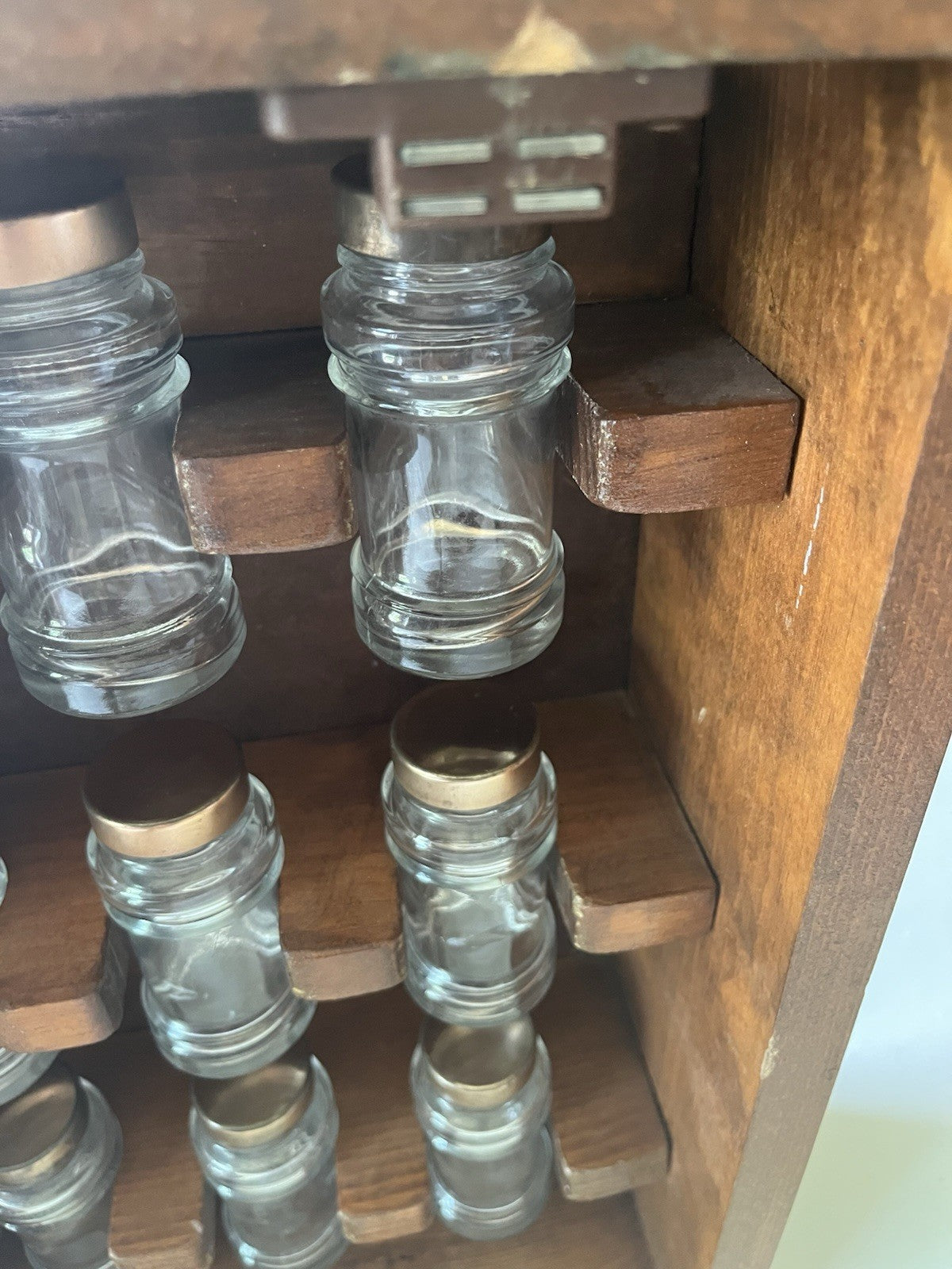 Vintage “Spices” Wooden/ Glass Door 17”x14” 12 Spice Cabinet & 11 Jars/ Stickers