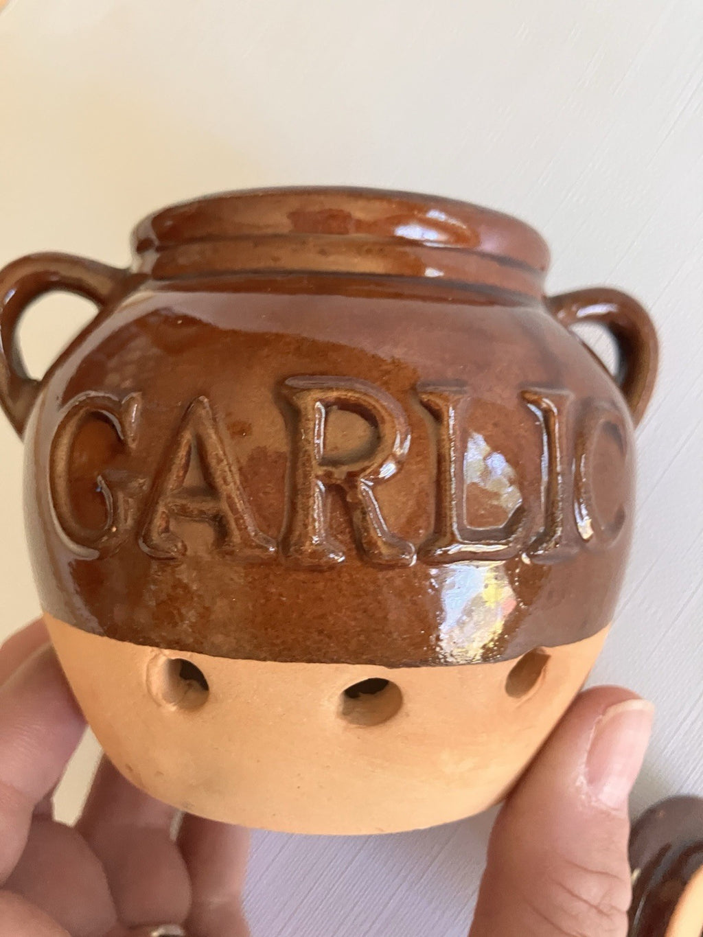 Vintage Garlic Jar Glazed Pottery 
