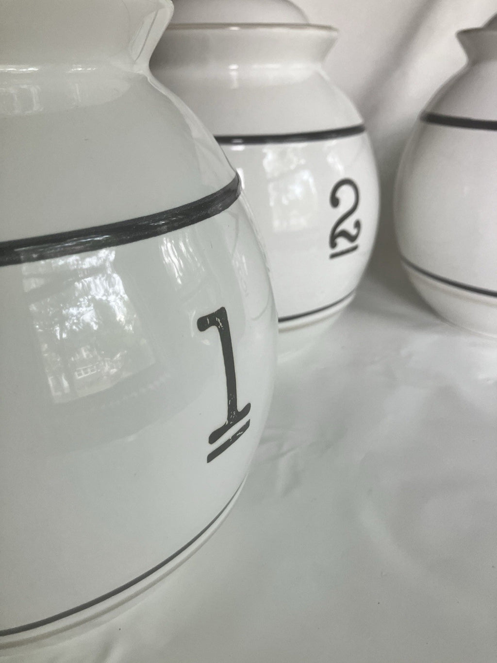 Large Ceramic Canister Set Of 3 Identical Sizes; 1, 2, 3 With Pinstripe On White