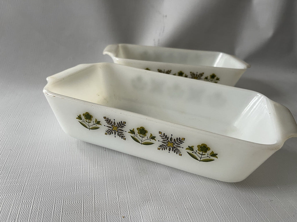 Vintage Anchor Hocking Fire king Green Meadow Soup Bowls/Bread Pan