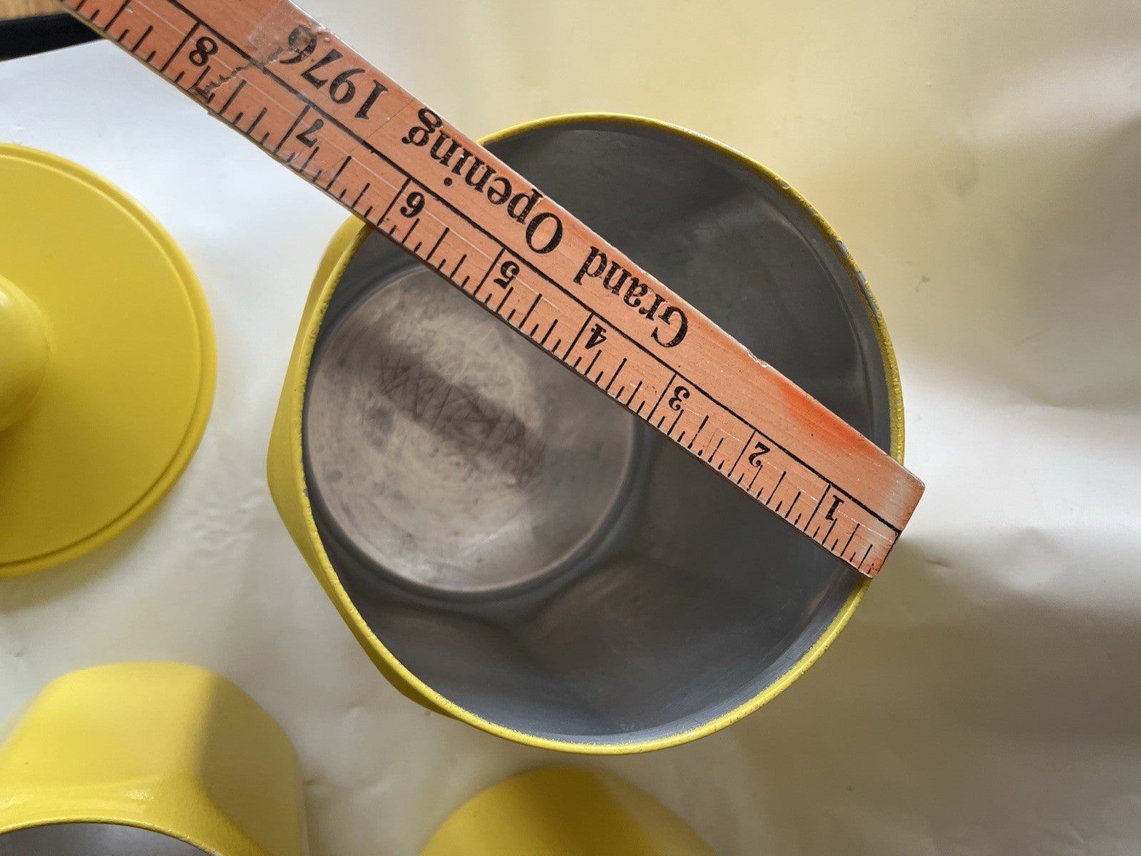 Vintage Kromex Faceted Aluminum 4 Canister Set Yellow Fruit Floral Plastic Lids