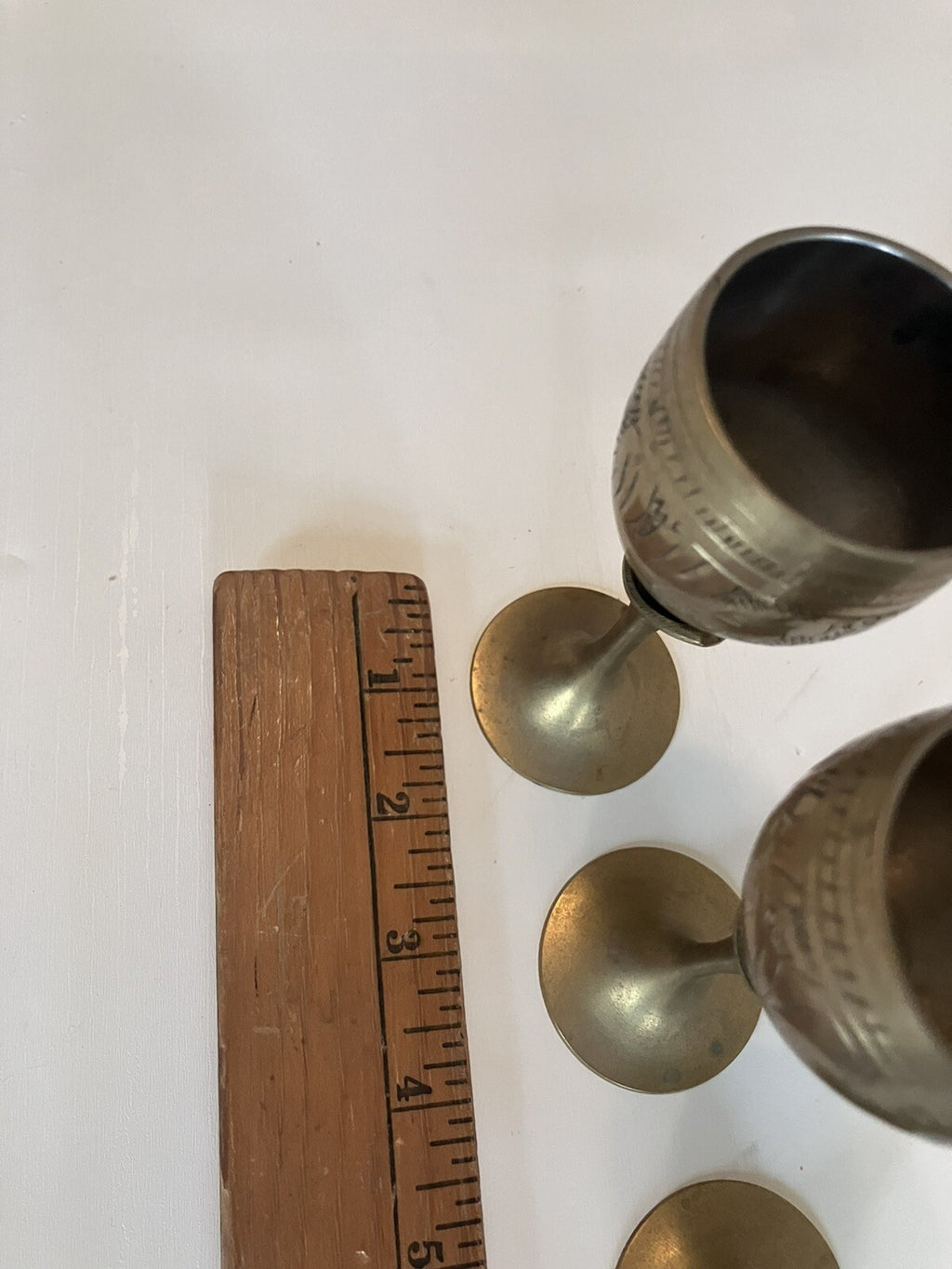 Vintage S/4 Solid Brass Goblets Tulip Stem, Etched Design