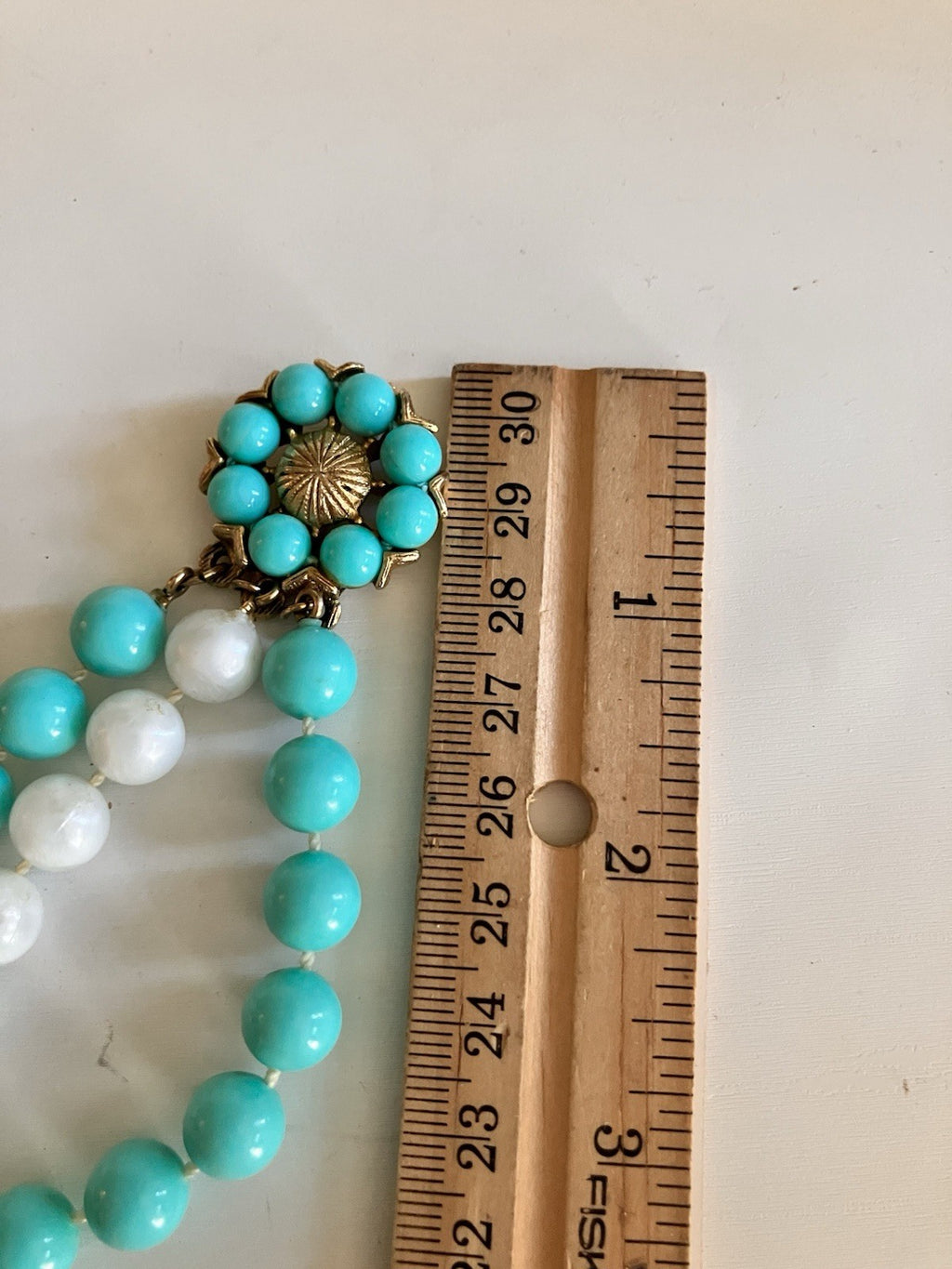 Vintage Blue & White Triple Stranded Faux Pearl Necklace W/ Gold Tone Clasp
