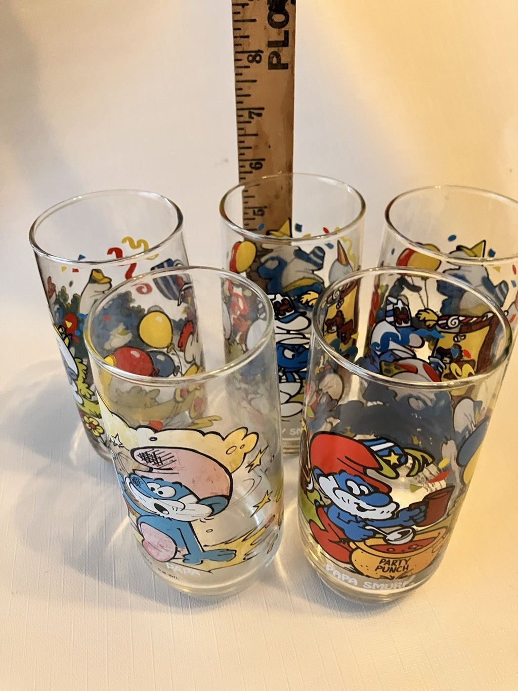 Vintage 1983 Hardee’s Smurf Glasses Set of 4 Handy Clumsy Papa Smurf BONUS Glass