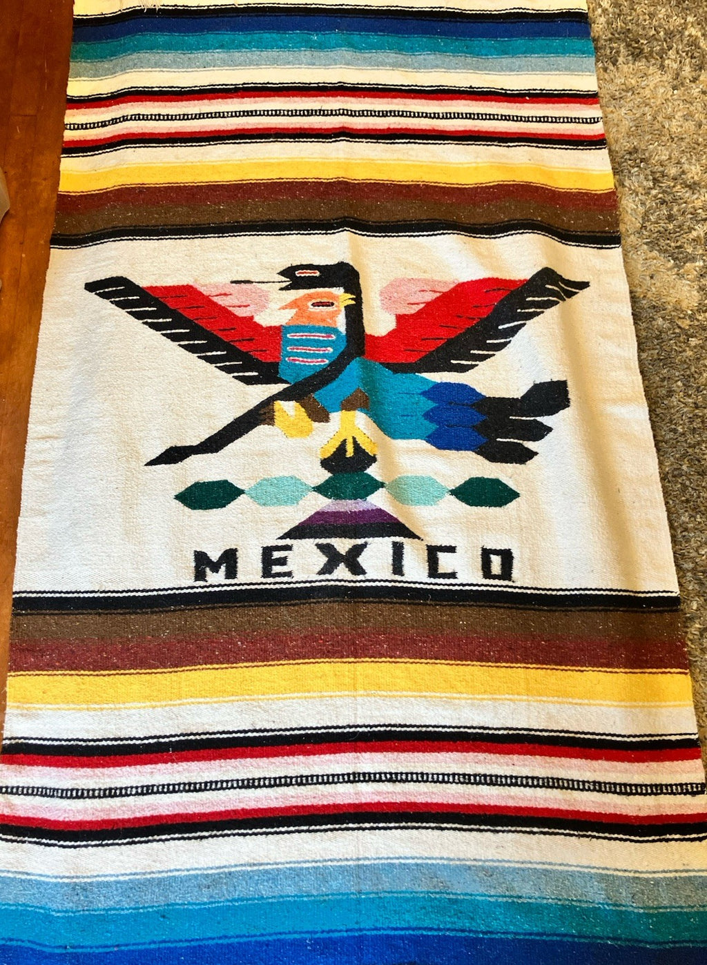 Vintage Hand Woven Mexico Blanket Throw With Eagle And Snake EVC