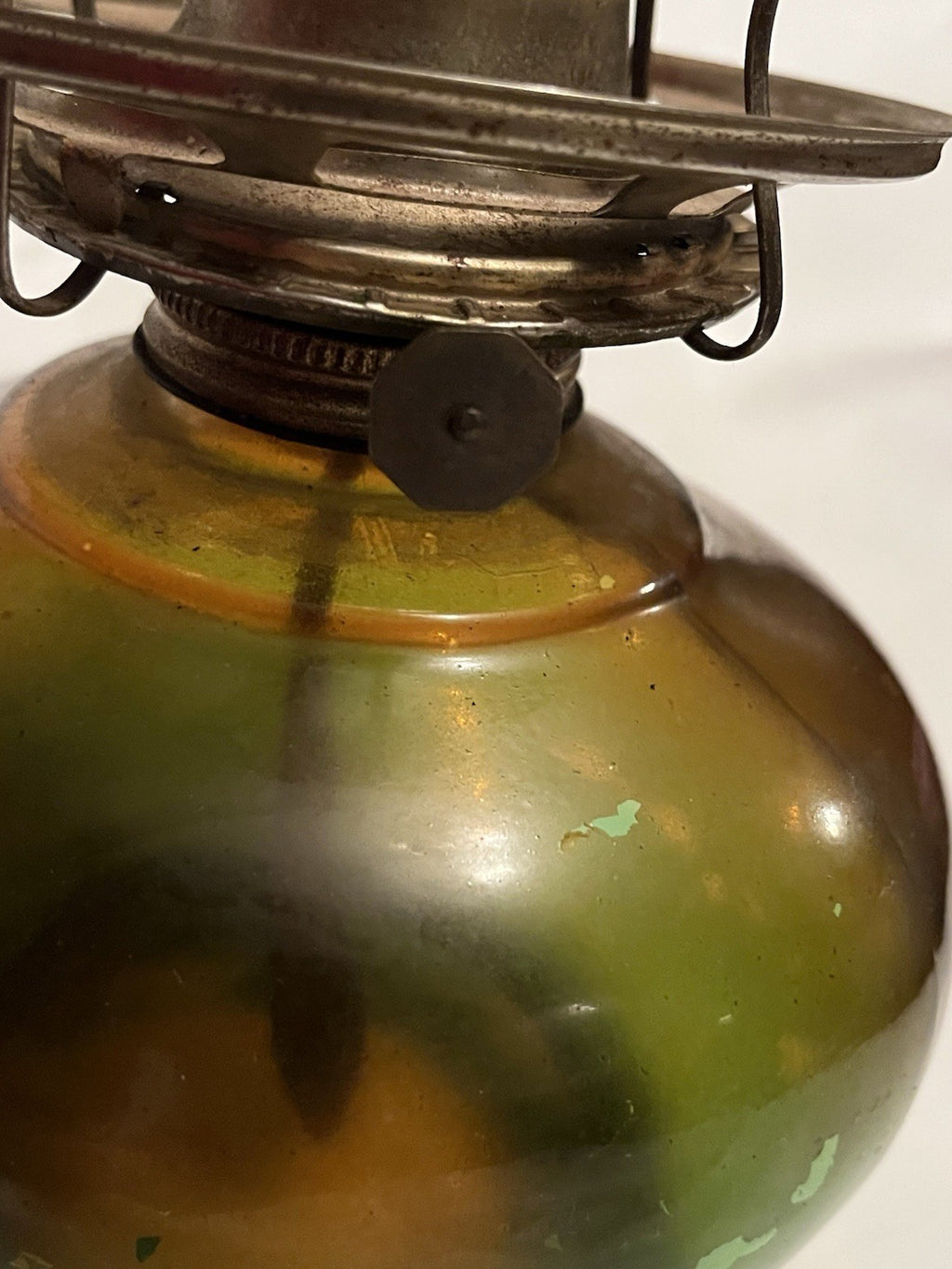 Vintage Amber-Green Glass Hurricane Kerosene Lamp  With Original Glass Globe