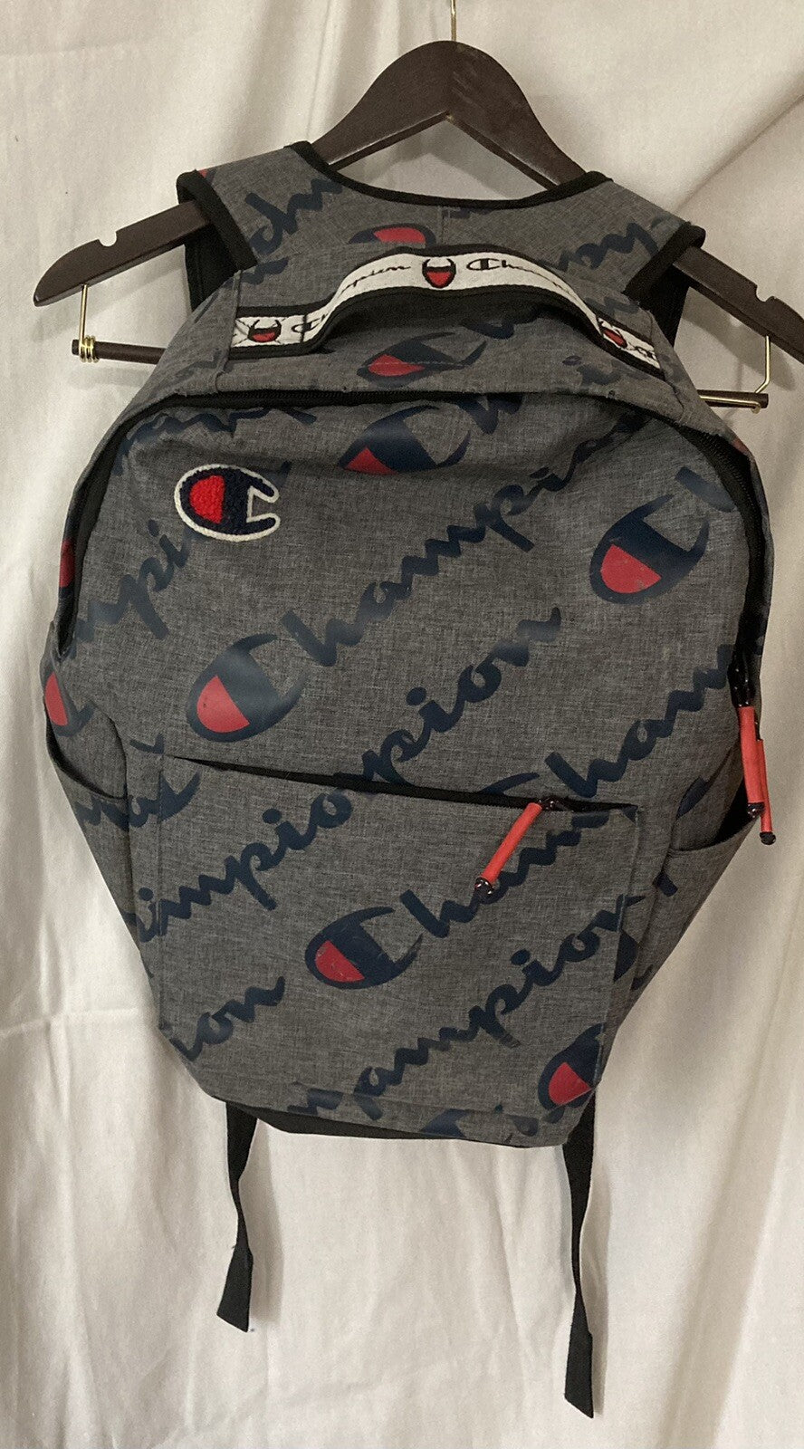 Unisex Champion Grey Back Pack with Navy/Red Logo.