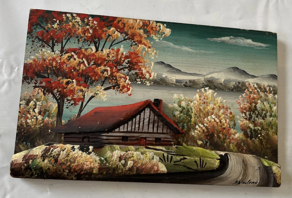 H Nadeau Canadian Summer 3D Painting Folk Art Carved Wood Plaque 8x5”