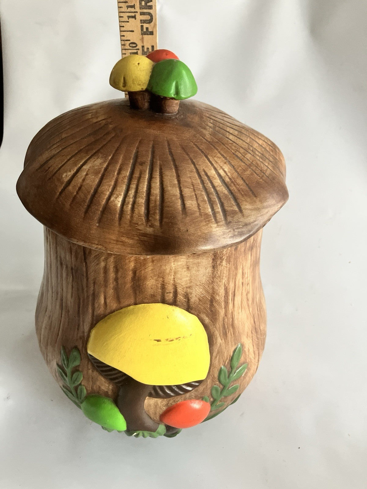 Vtg 1970’s Arnel’s Mushroom  Porcelain Canister / Cookie Jar. Brn, Red, Grn Ylw