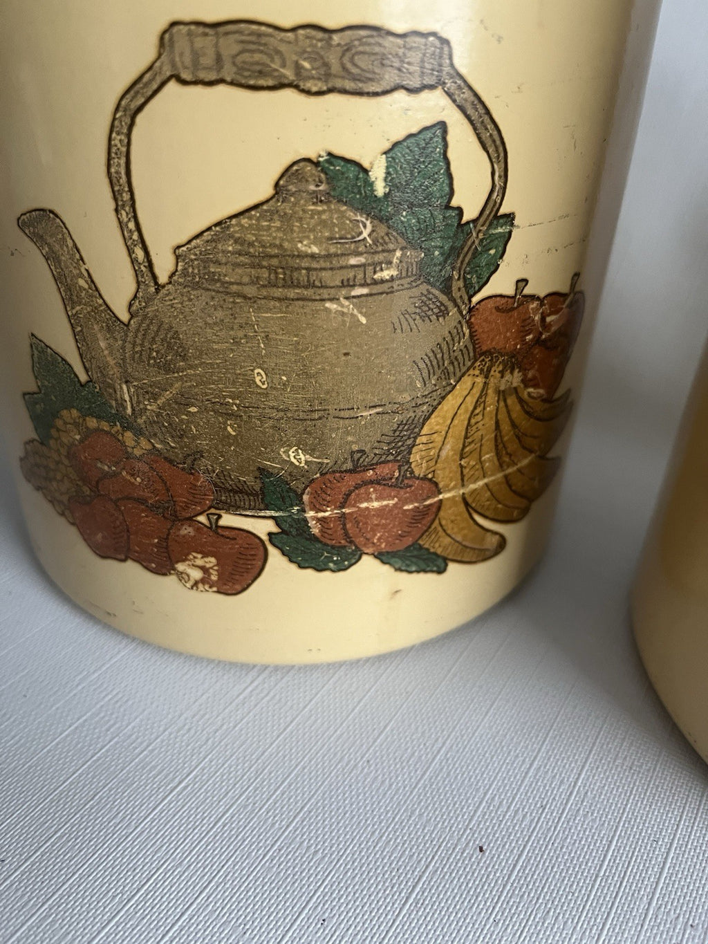 Kromex Metal Canister Set 3 Rare Beige/Brown Fruit & Vegetables w/ Plastic Lids