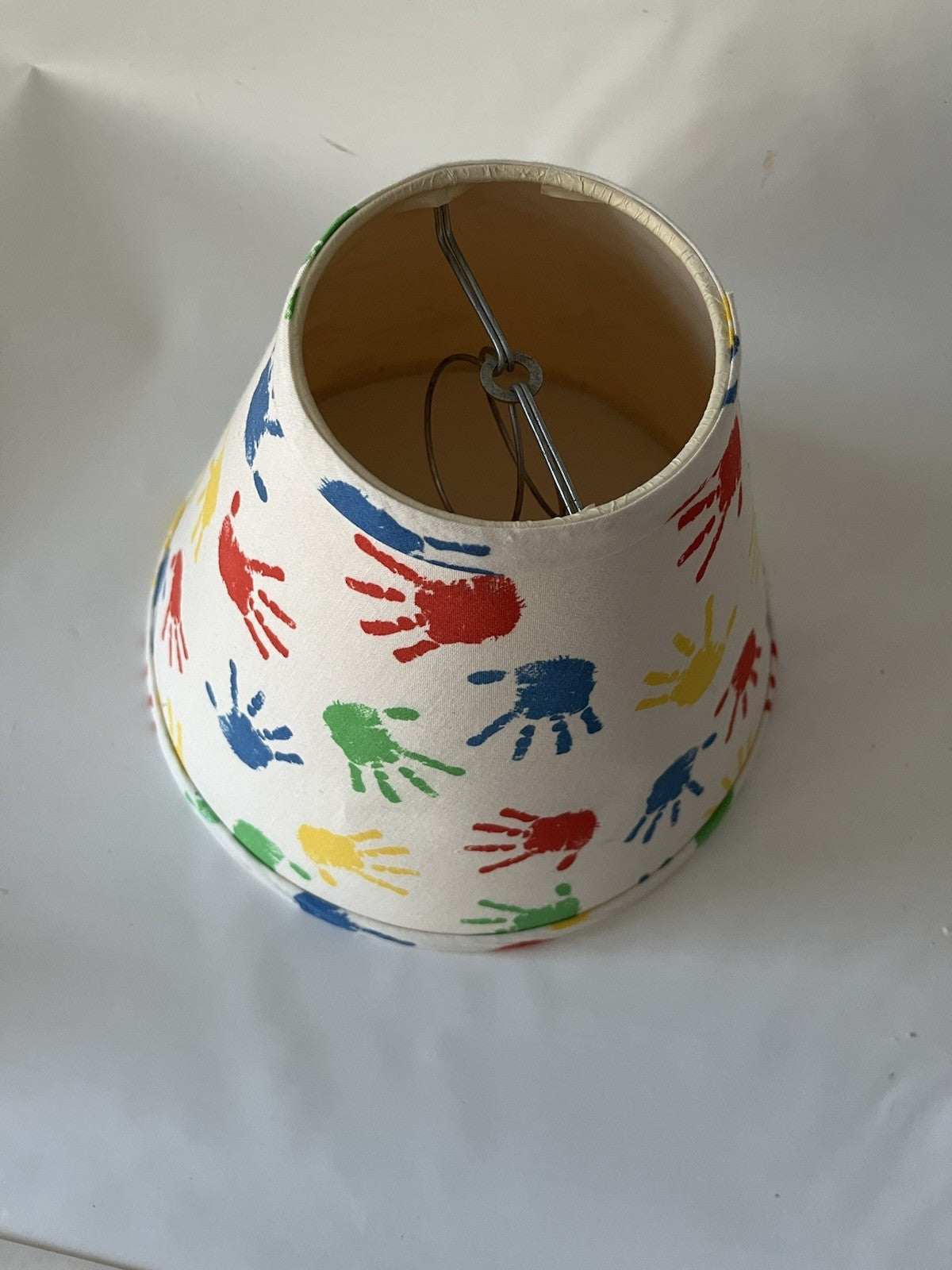 Vintage Kids Hand Print Lamp Shade; White With Green, Red, Blue Yellow Color
