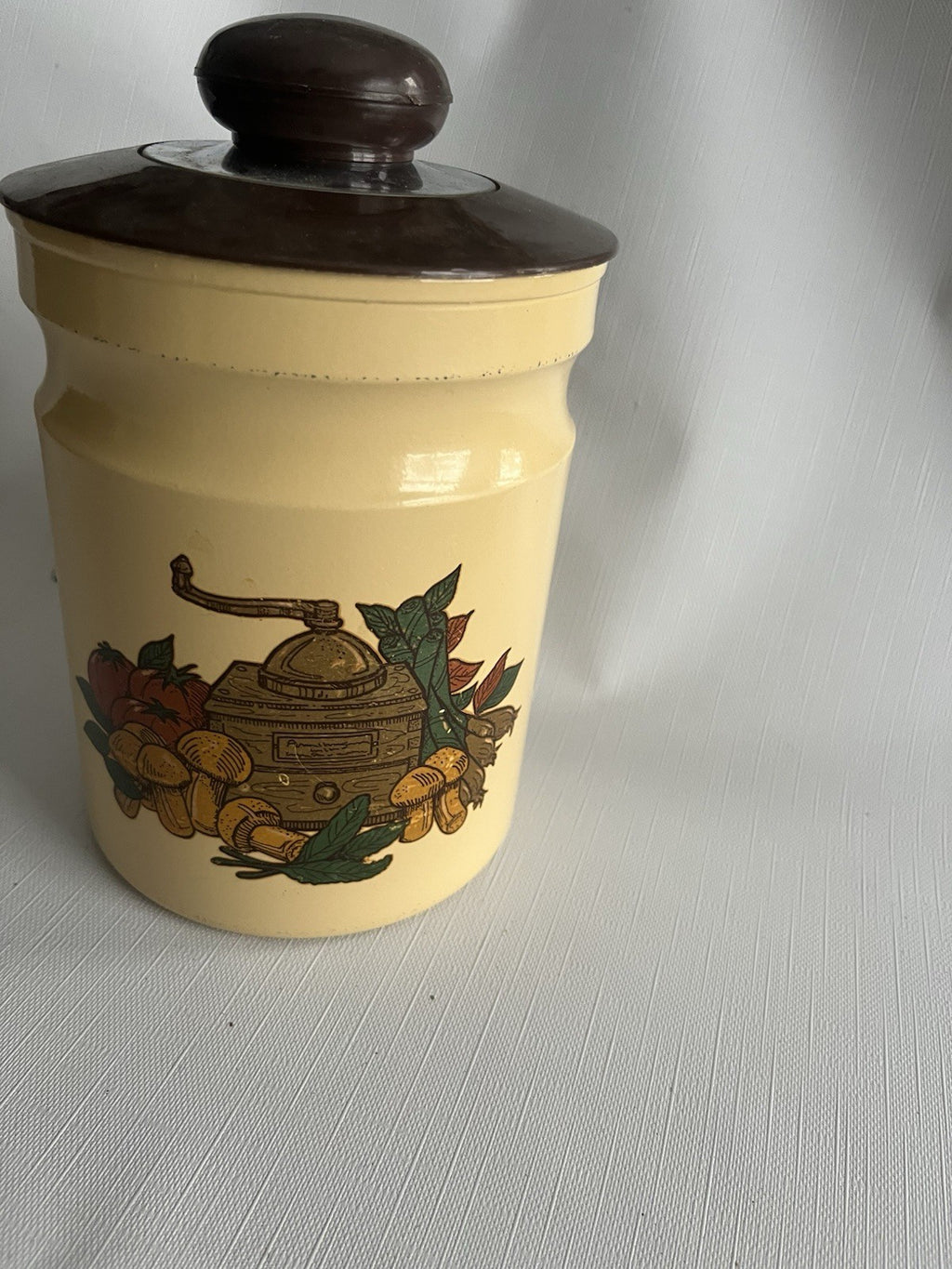 Kromex Metal Canister Set 3 Rare Beige/Brown Fruit & Vegetables w/ Plastic Lids