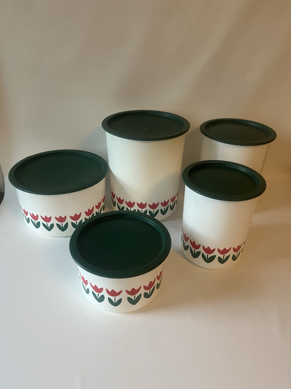 Vtg. One Touch White Tulip Tupperware Canisters with Green Lids; A-C; B/D sets