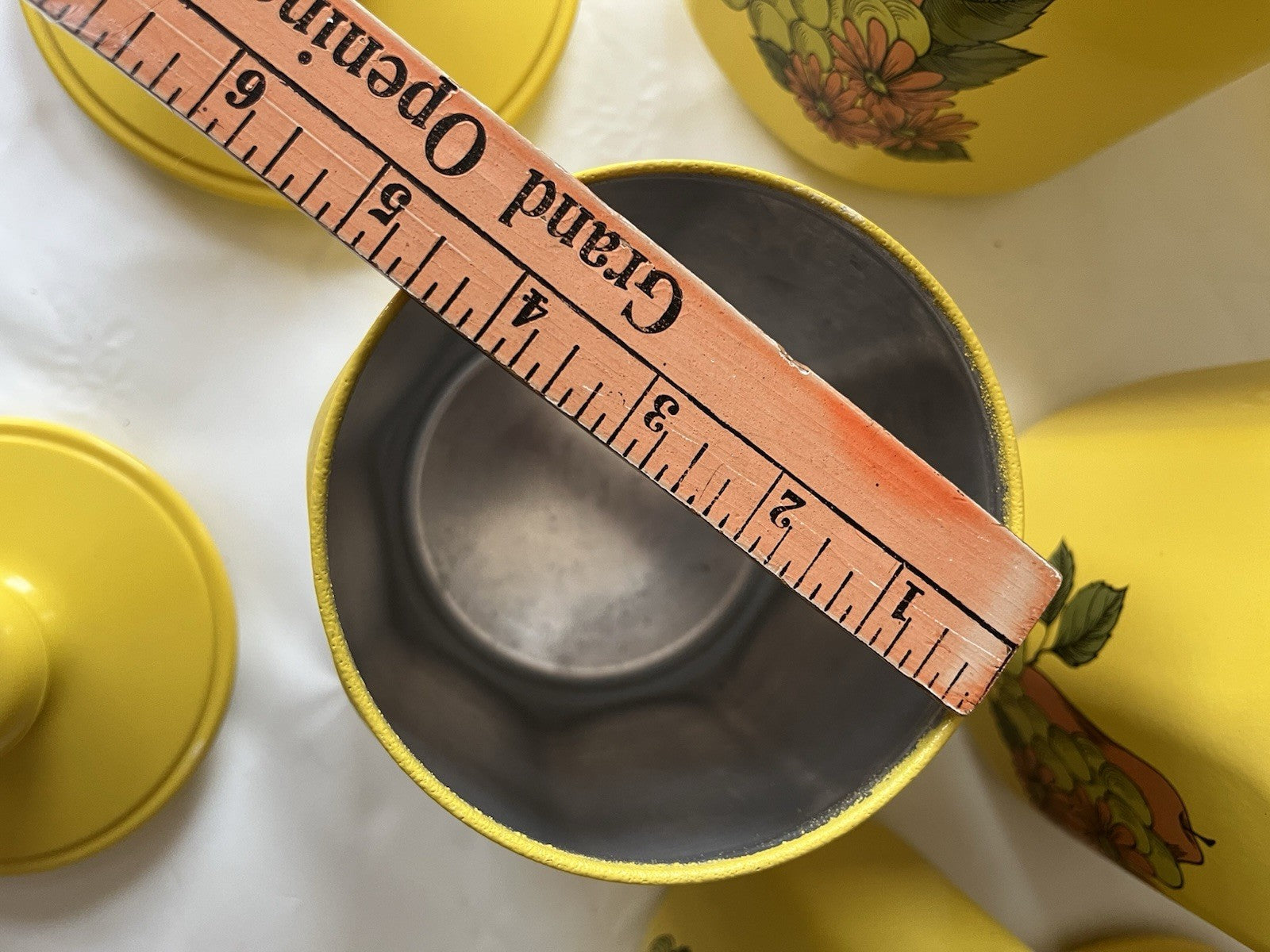 Vintage Kromex Faceted Aluminum 4 Canister Set Yellow Fruit Floral Plastic Lids