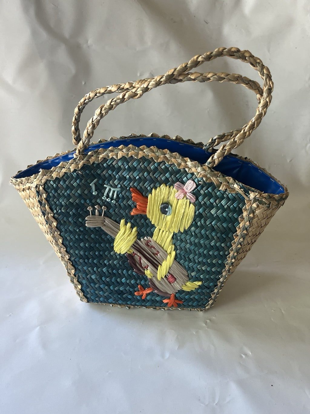 Vtg. 1960’s Woven Straw Raffia Child’s Easter Basket Duck Play Guitar Vinyl Int.