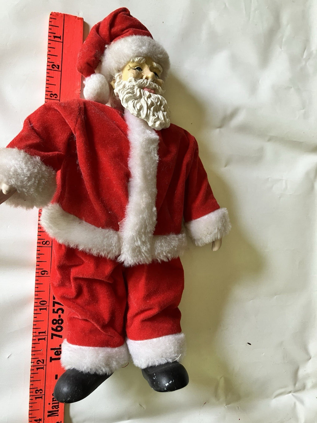 Vintage/MCM 13” Porcelain Stuffed Santa Clause With Velvet And Trimmed Suit
