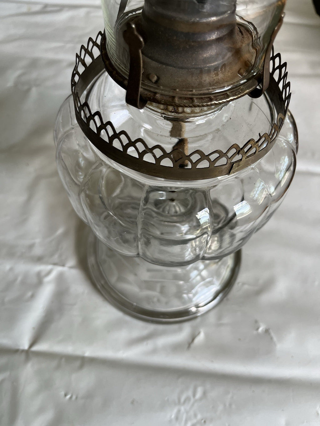 Antique 16” Clear Glass Kerosene Oil Lamp Complete W/ Flute, Metal Skirt, Base