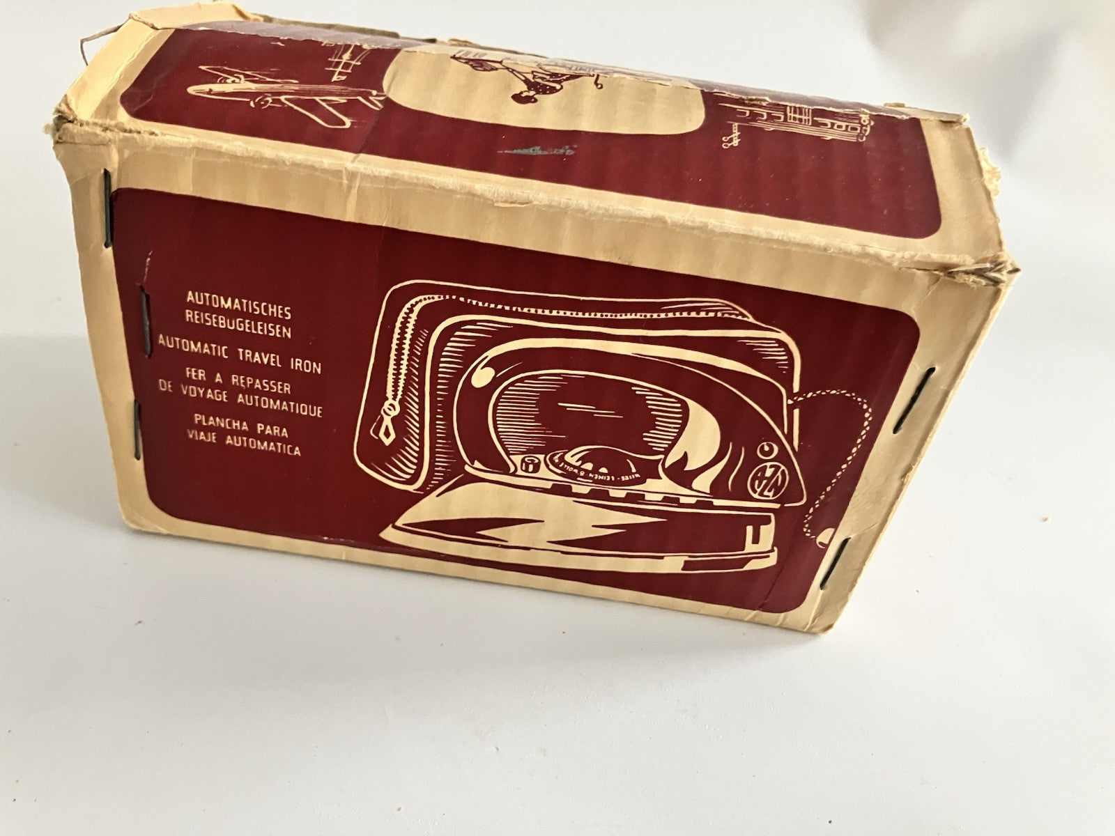1950s German Zoeller Maroon Travel Iron W/ Original Box, Paper EVC, Never Used