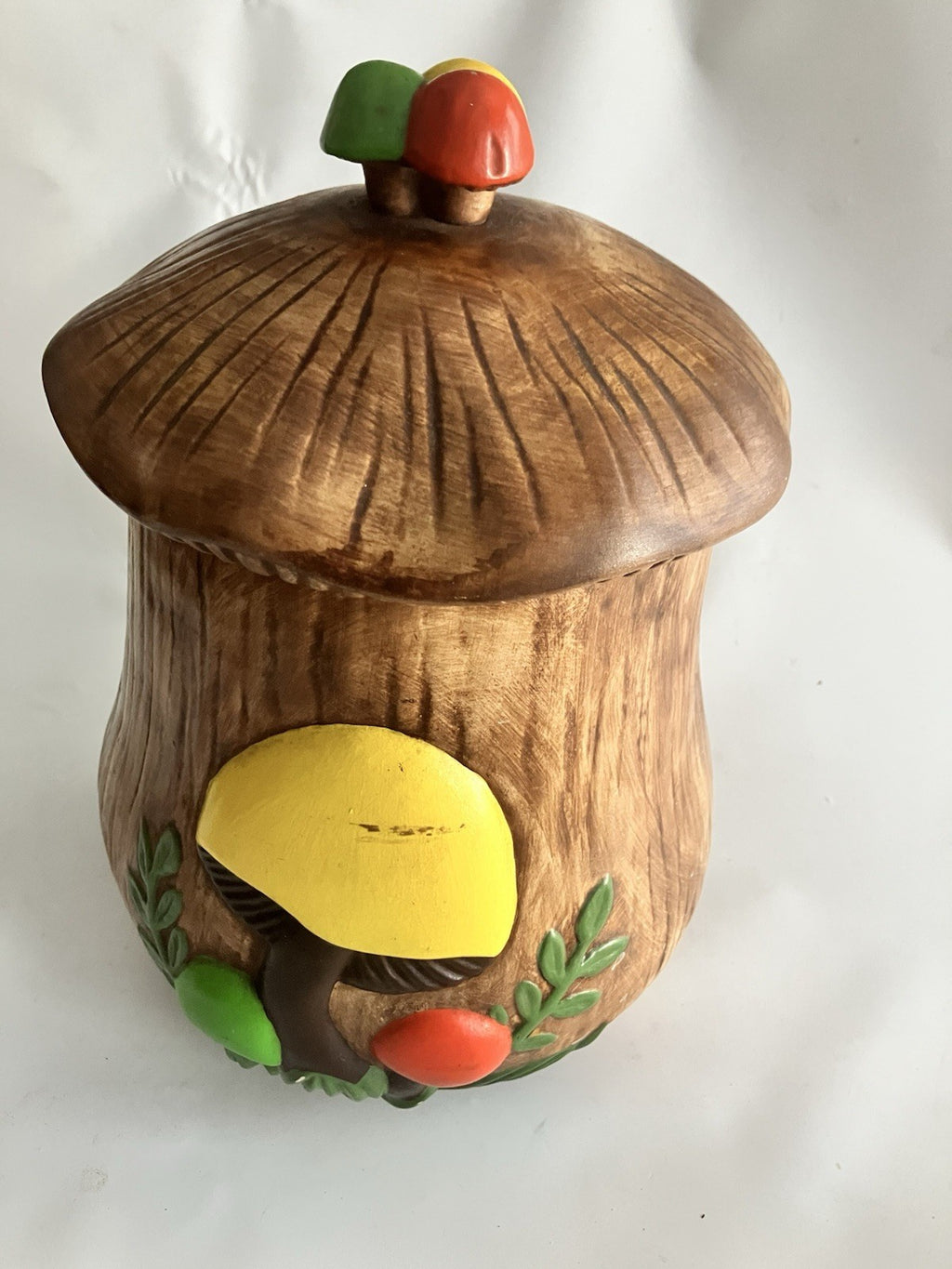 Vtg 1970’s Arnel’s Mushroom  Porcelain Canister / Cookie Jar. Brn, Red, Grn Ylw