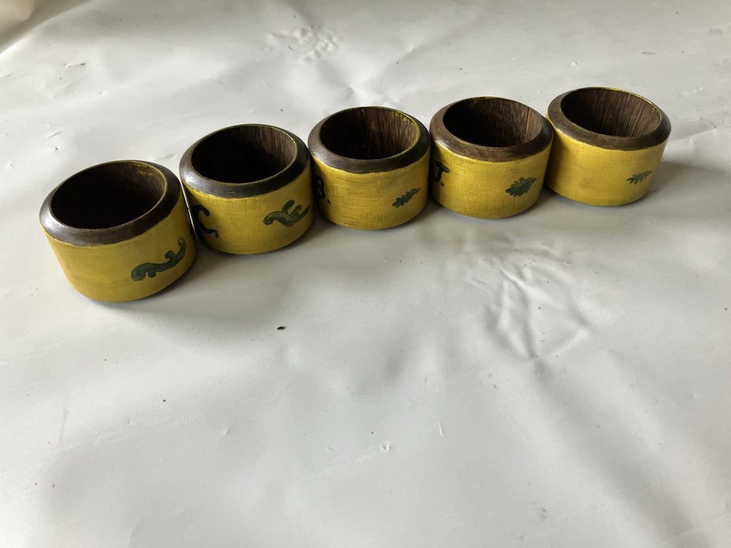 Vintage Wooden Hand Painted Yellow and Floral Napkin 5 Rings 