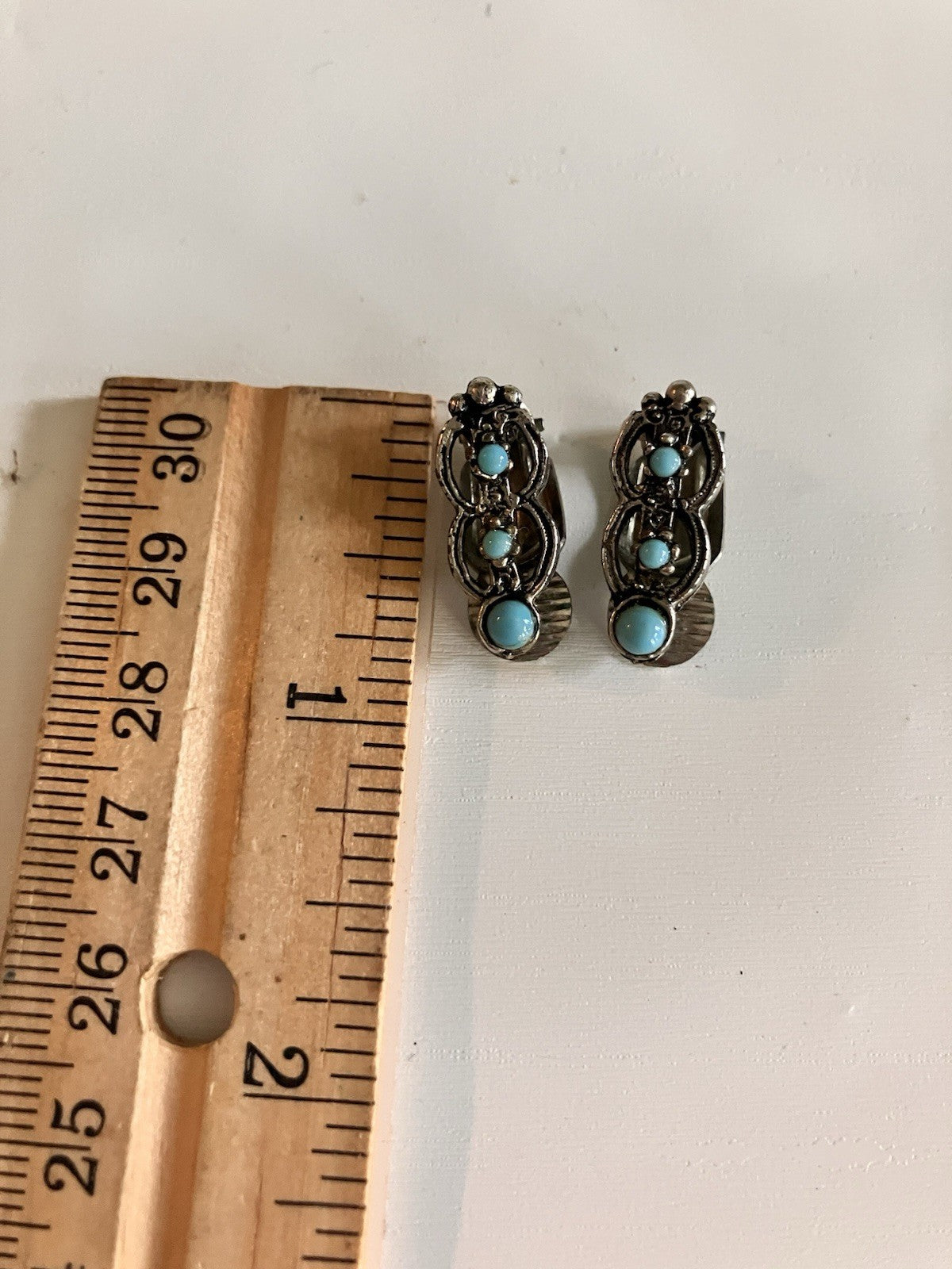Vintage Faux Turquoise Silvertone Metal Brooch & Clip On Earrings