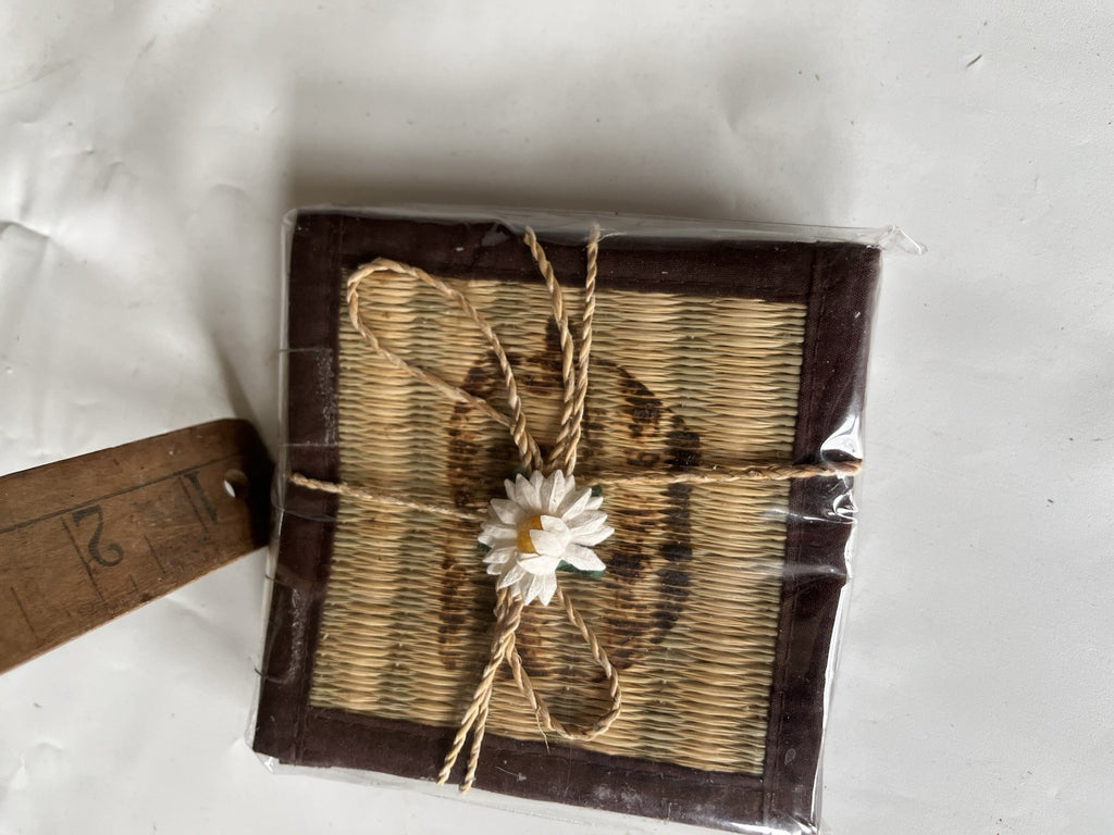 Vintage New/Wrapped Set Of 4 Vintage Coasters Weaved Bamboo Painted Design