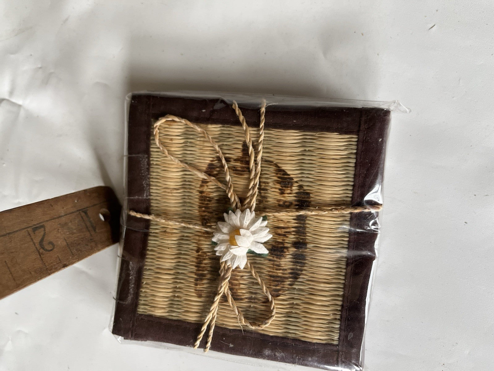 Vintage New/Wrapped Set Of 4 Vintage Coasters Weaved Bamboo Painted Design