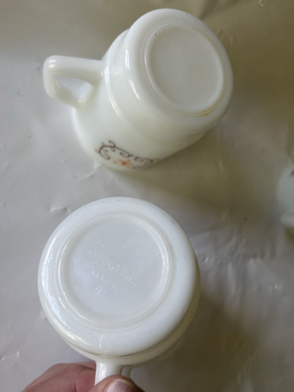 Vintage (3) Termocrisa Mexican Milk Glass Coffee Mug, D Handle, Filigree Design