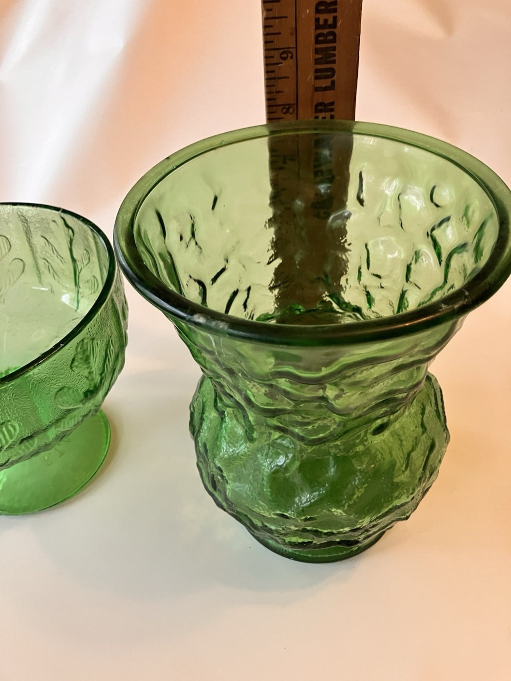 Vintage E.O. BRODY Crinkle Green Glass Flower Vases 8" And 5.5”