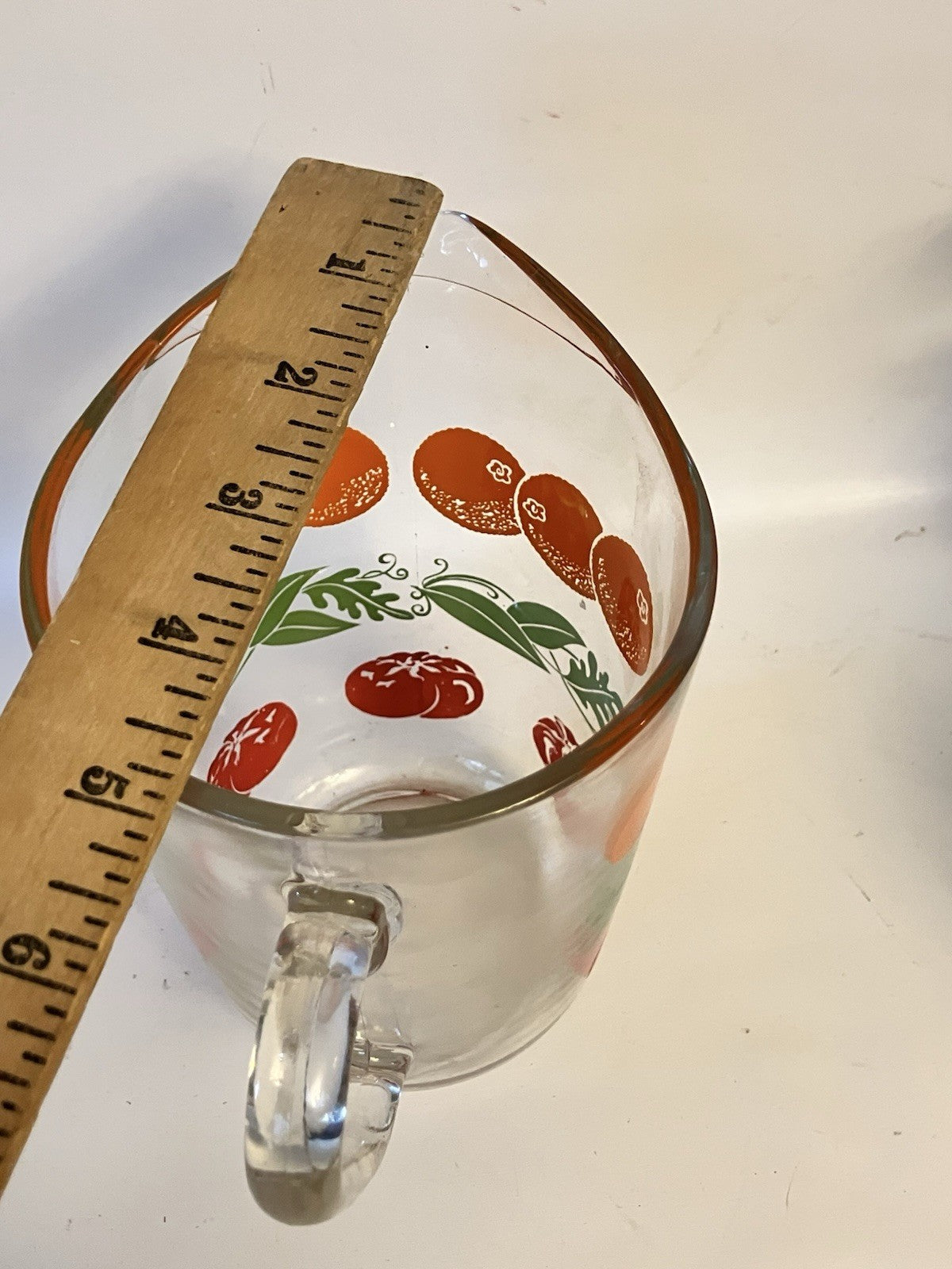 Vintage MCM Glass Juice Pitcher Fruit—Orange And Tomato From 1940-50’s. EVC.