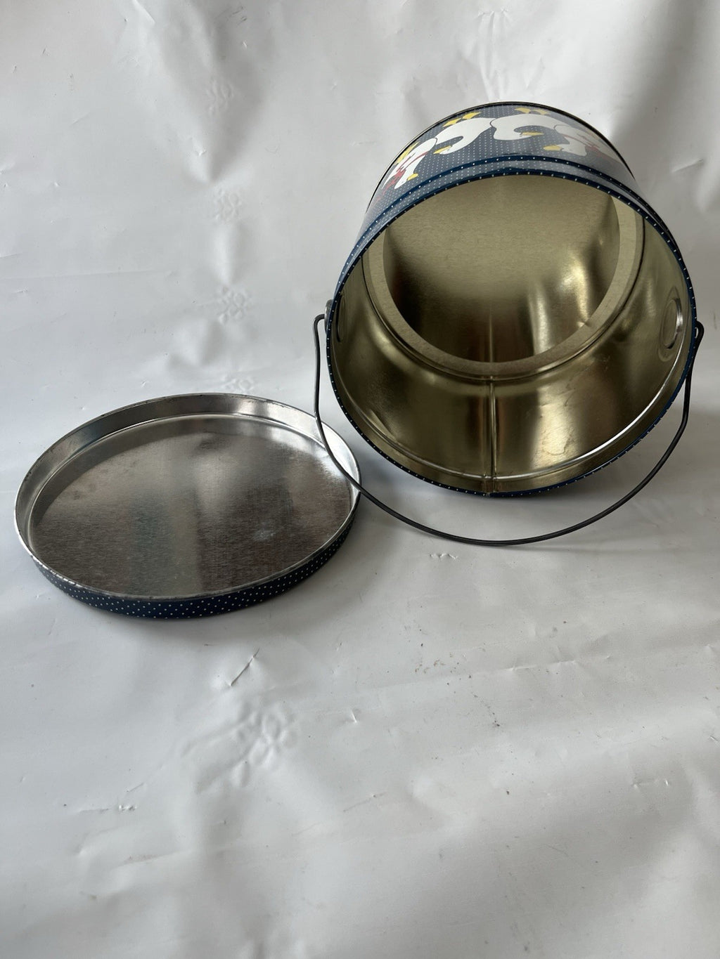 1990s Goose  Blue And White Polka Dot Tin With Lid And Handle