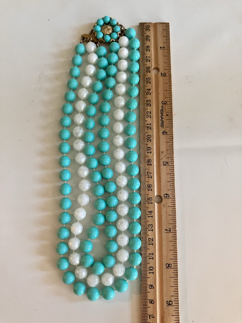 Vintage Blue & White Triple Stranded Faux Pearl Necklace W/ Gold Tone Clasp