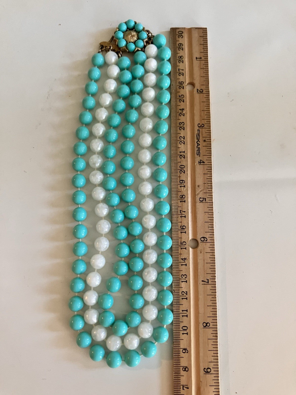 Vintage Blue & White Triple Stranded Faux Pearl Necklace W/ Gold Tone Clasp