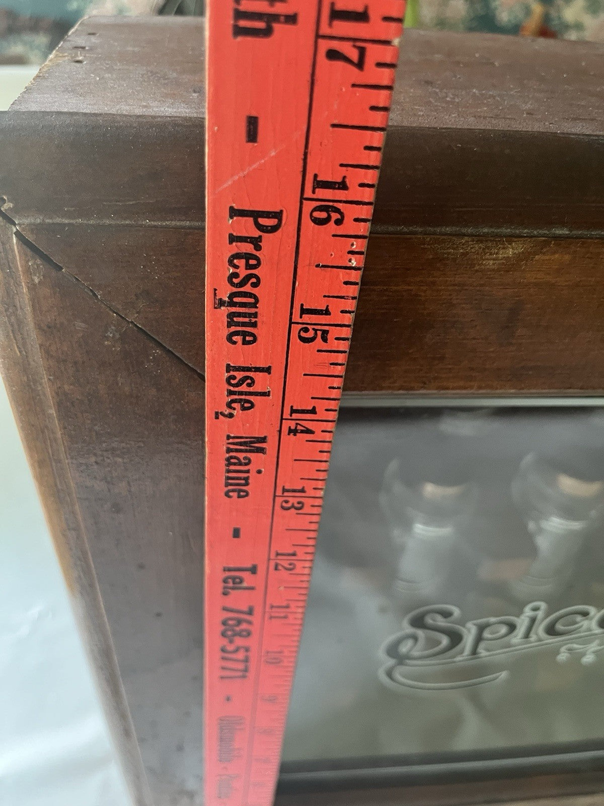 Vintage “Spices” Wooden/ Glass Door 17”x14” 12 Spice Cabinet & 11 Jars/ Stickers