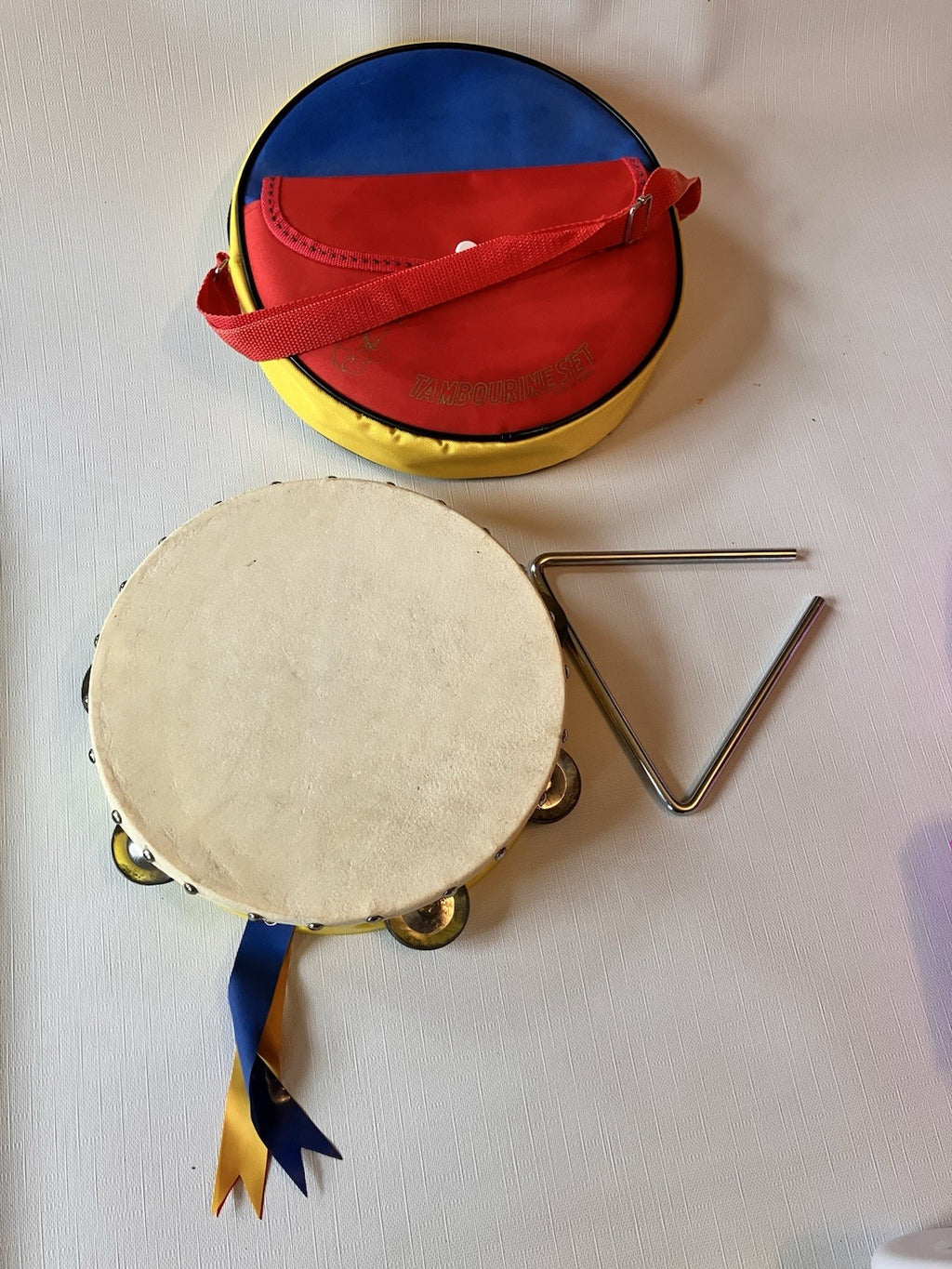 Vintage Child’s Tambourine/Triangle Set With Carrying Case. EVC!