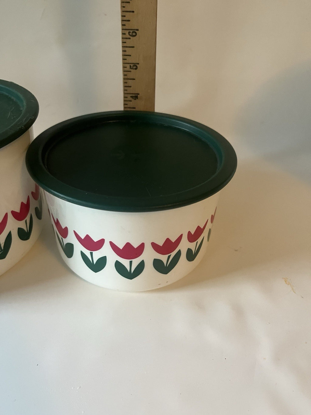 Vtg. One Touch White Tulip Tupperware Canisters with Green Lids; A-C; B/D sets