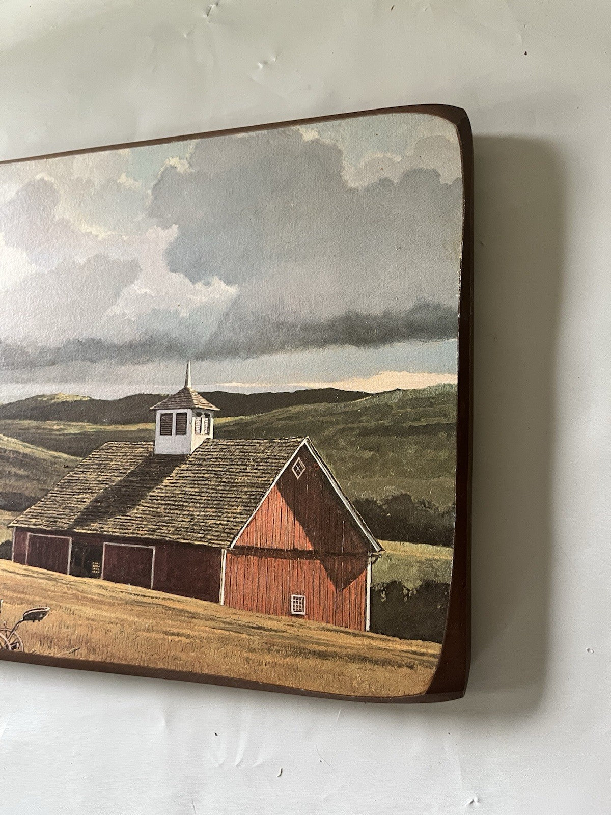Vintage 1960/70s Wooden 9x13” Plaque Of Ethan Sloane Painting Farmland, Amish