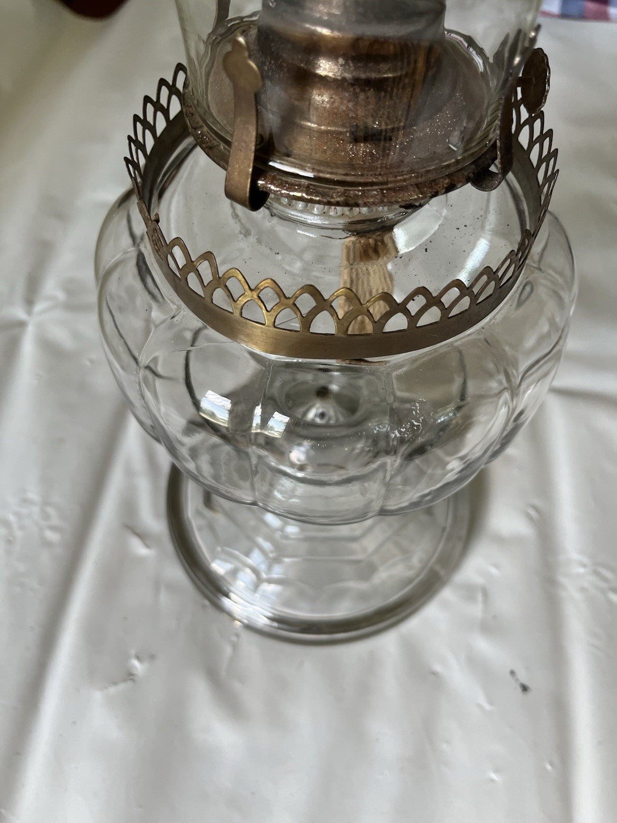 Antique 16” Clear Glass Kerosene Oil Lamp Complete W/ Flute, Metal Skirt, Base
