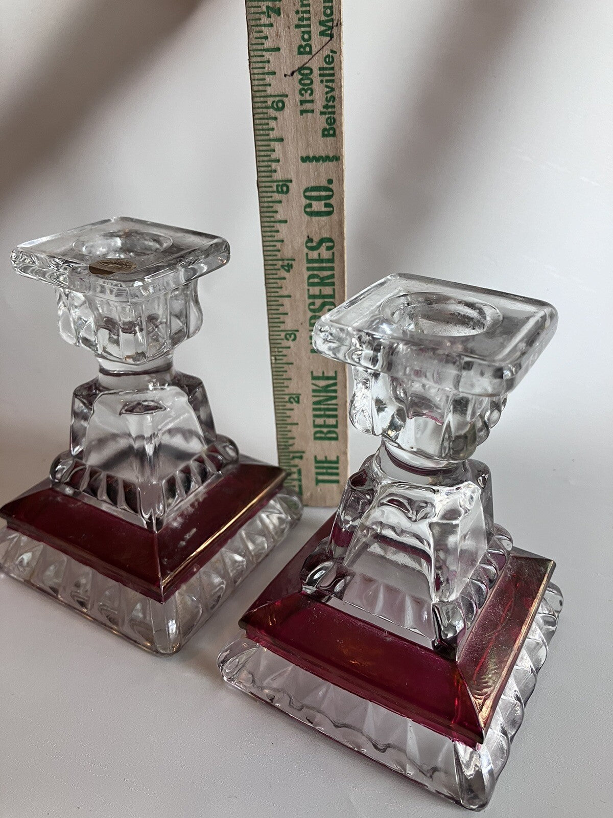Vintage Westmoreland Wedding Pattern Ruby Flash Crystal candlesticks W/ Sticker