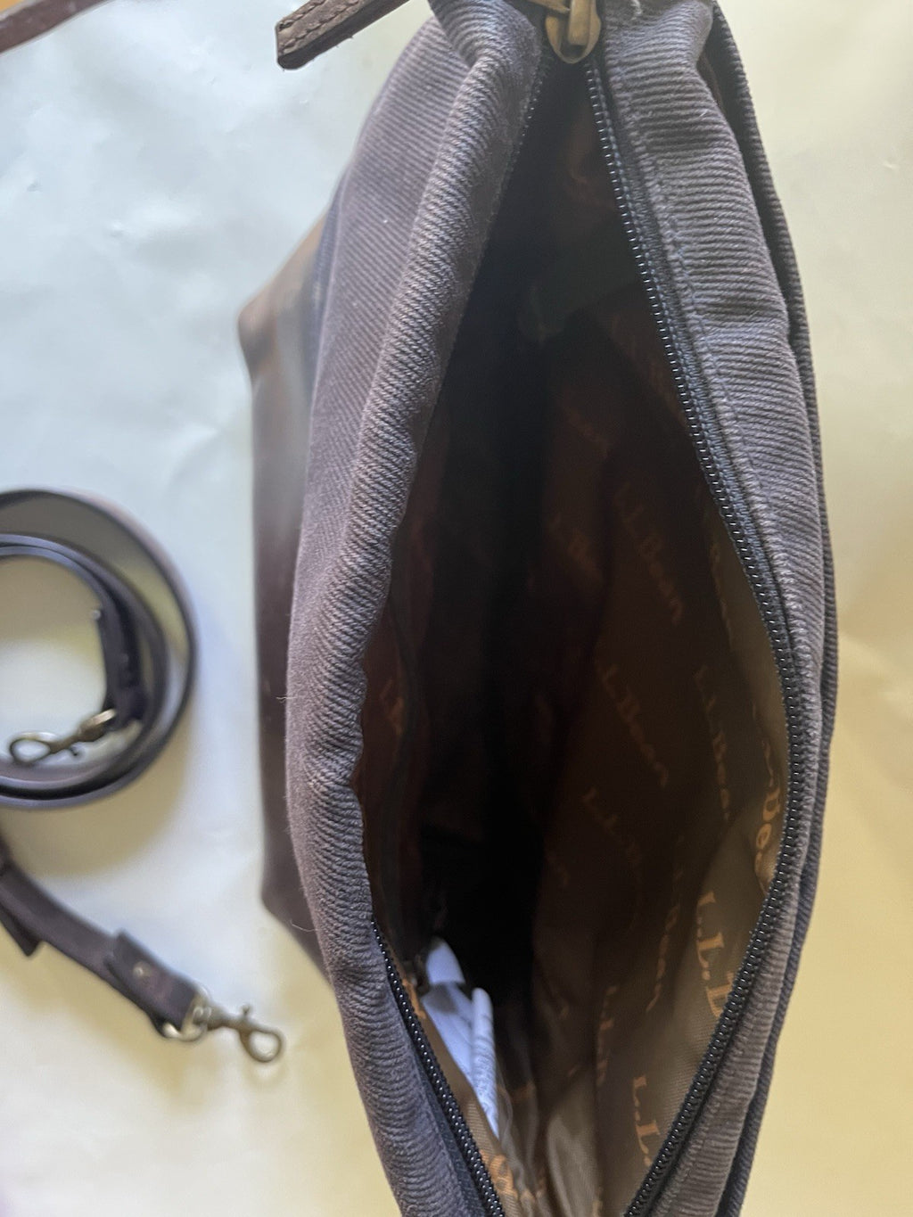 LL Bean Waxed Canvas Crossbody Bag Navy Blue and Brown Leather Logo Liner Medium