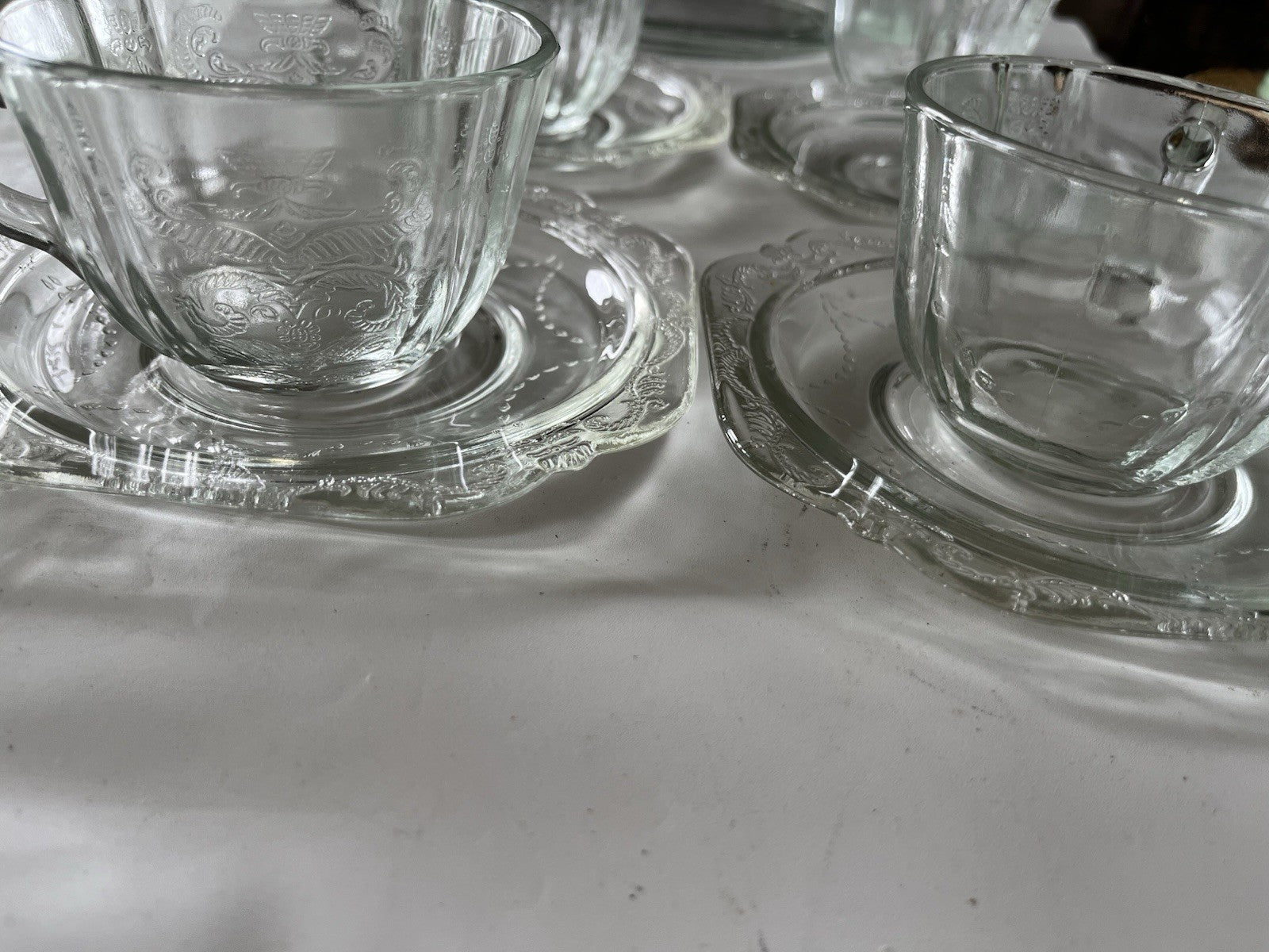 Federal Glass Clear Depression Etched Dinner Plates, Bowls, Cup/saucer 16 Piece