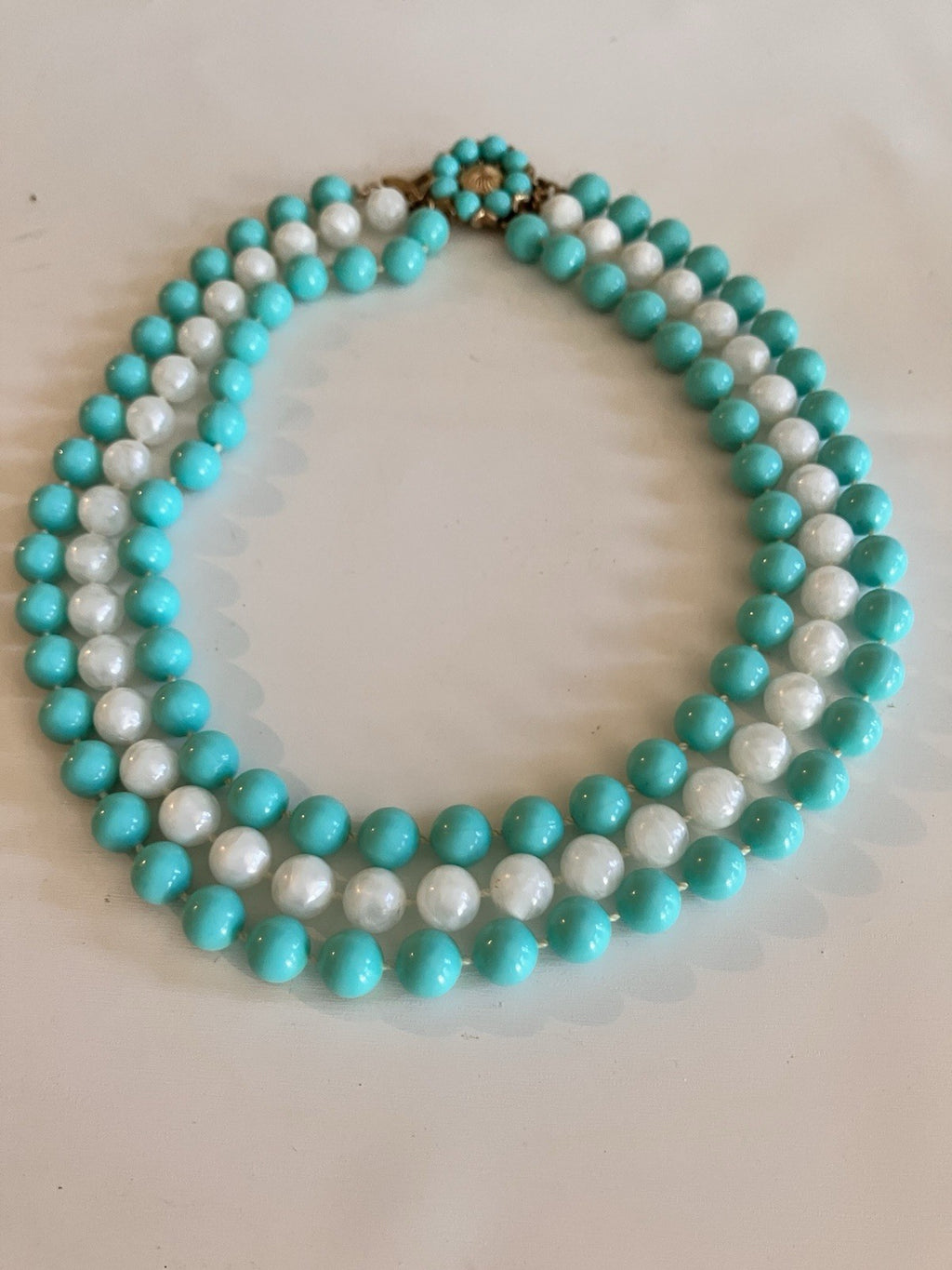 Vintage Blue & White Triple Stranded Faux Pearl Necklace W/ Gold Tone Clasp