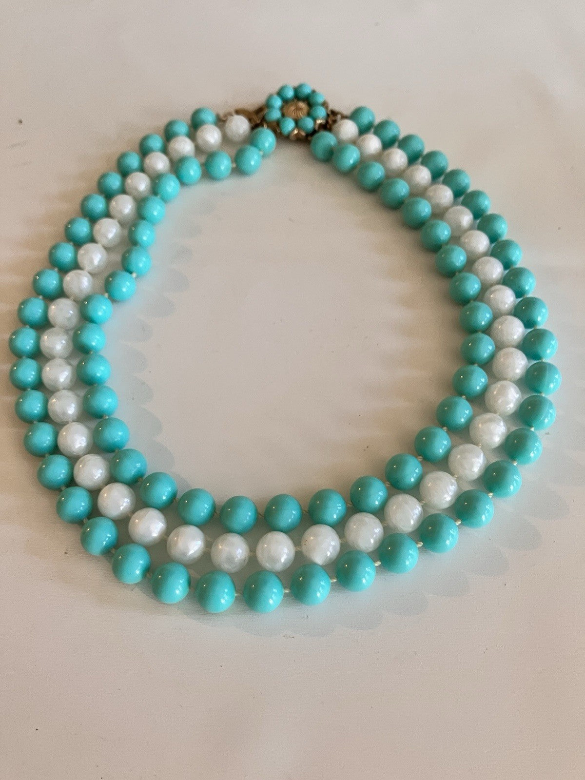 Vintage Blue & White Triple Stranded Faux Pearl Necklace W/ Gold Tone Clasp