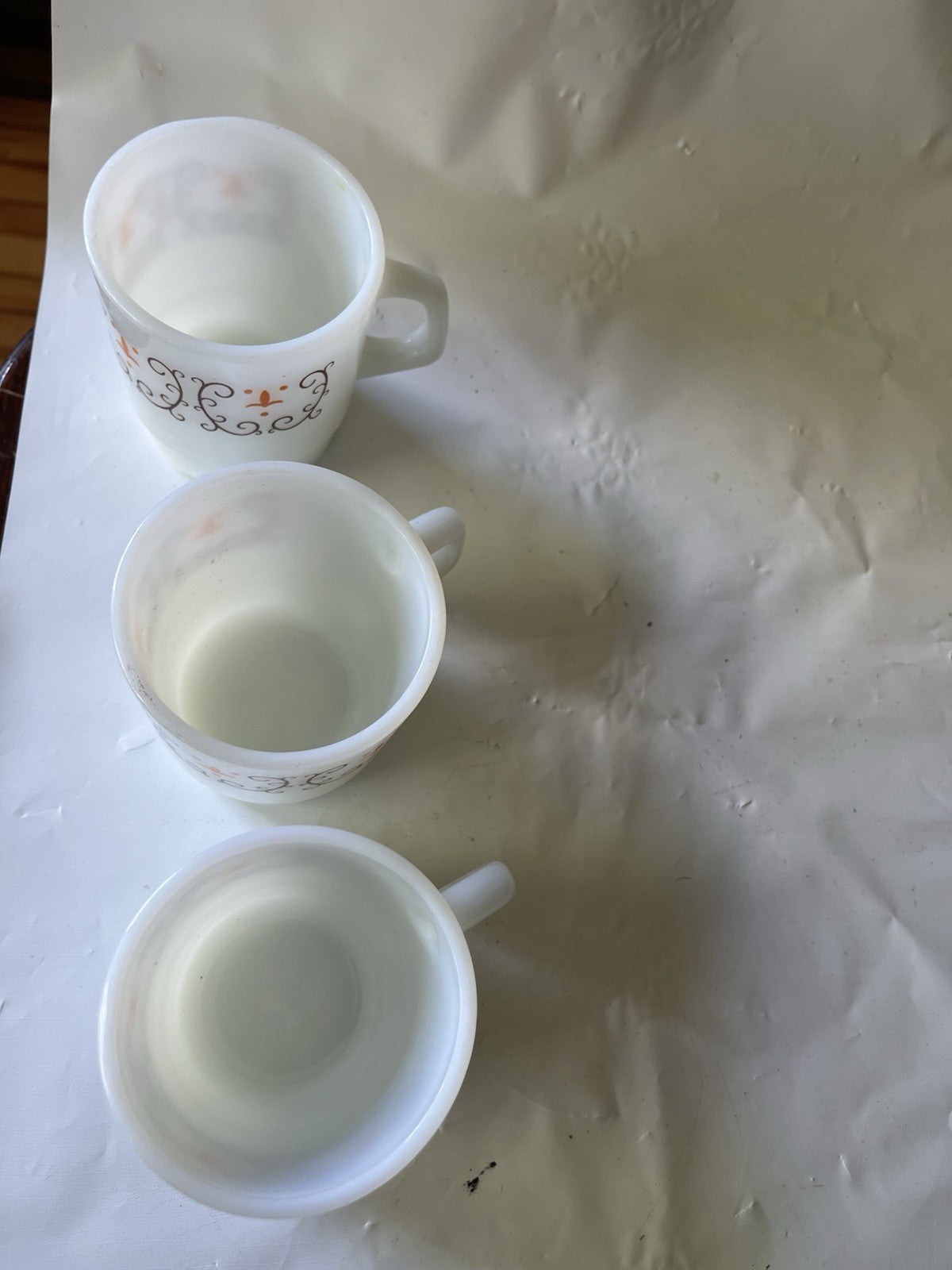 Vintage (3) Termocrisa Mexican Milk Glass Coffee Mug, D Handle, Filigree Design