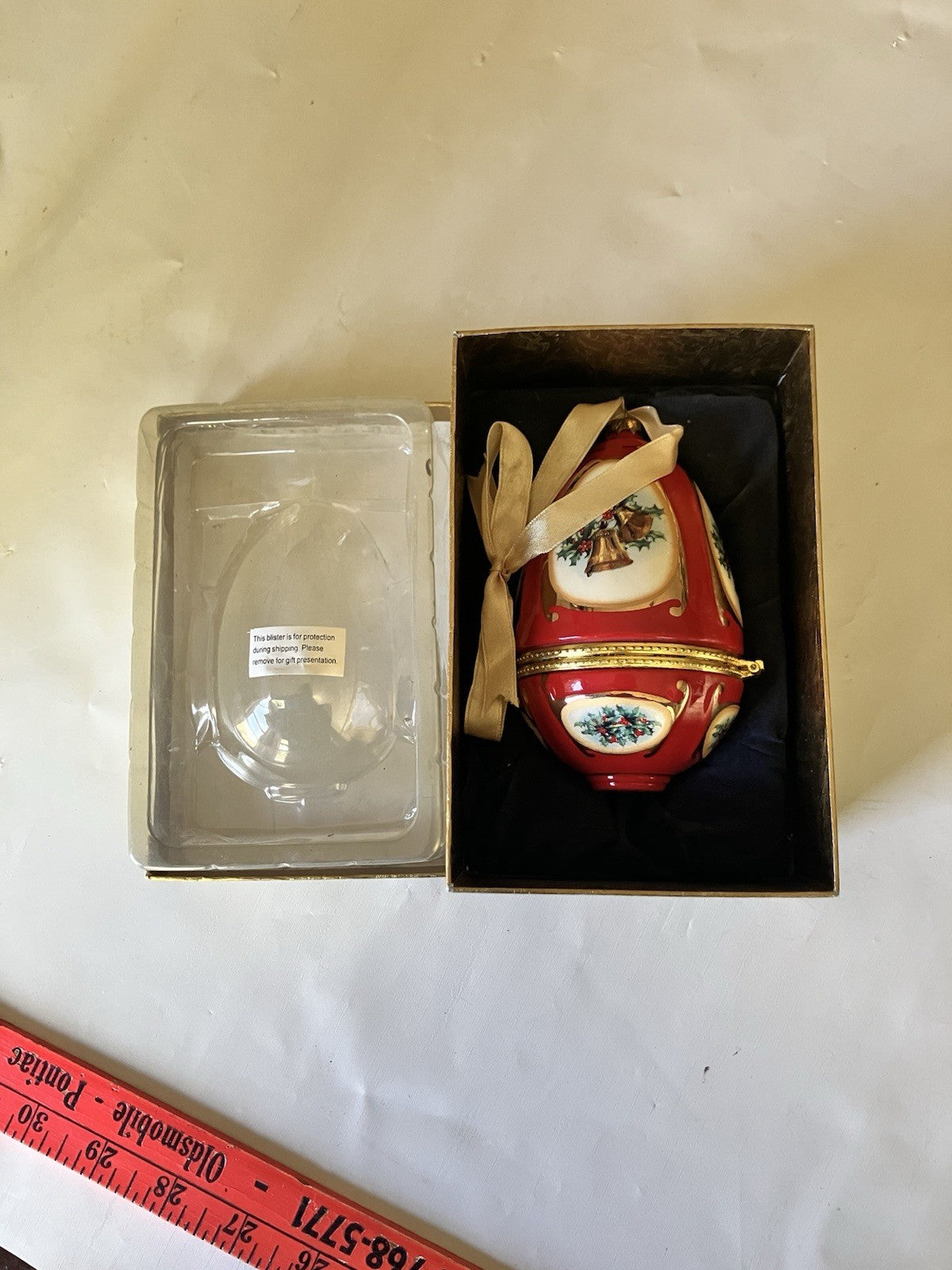 Vintage Christmas Musical Egg Ornament Red With Christmas Design; In Box