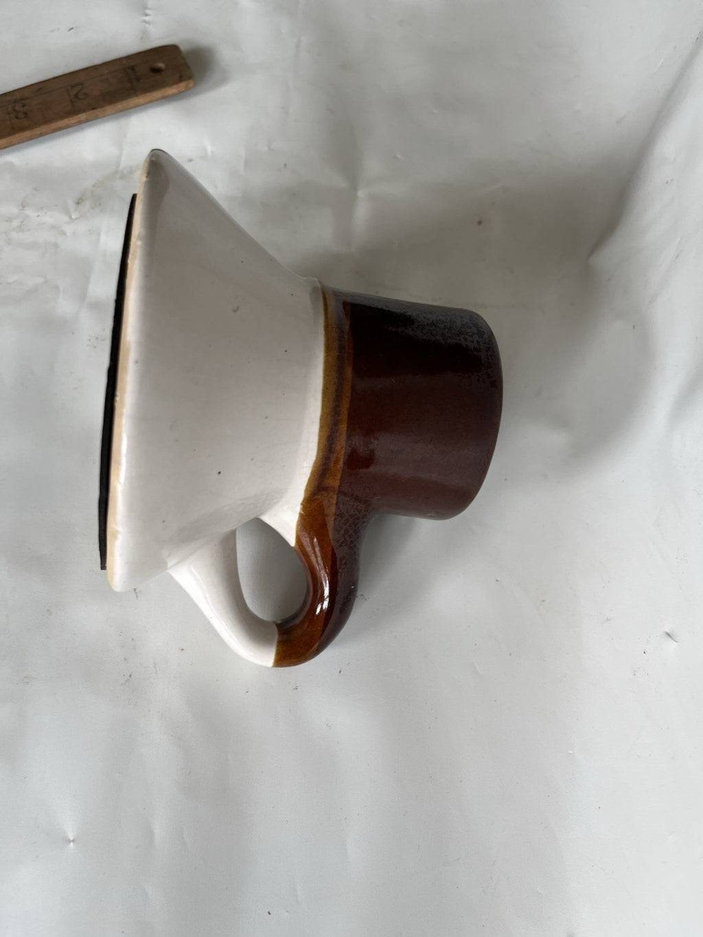 Vintage Wide Base No Spill Mariner Sailer Coffee Mug Brown White Glaze Stoneware